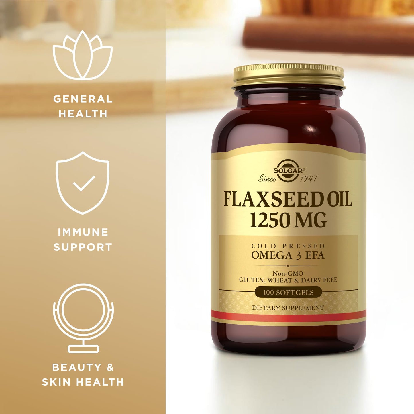 Solgar Flaxseed Oil 1250 mg, 100 Softgels - Organic, Cold-Pressed Omega 3 Essential Fatty Acids - Supports Heart, Immune & Skin Health - Non-GMO, Gluten Free, Dairy Free - 50 Servings - Medaid International