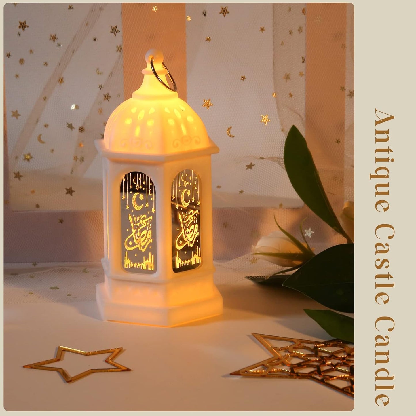 Coomir - Battery-Powered White Ramadan Lantern with Moon Star Design
