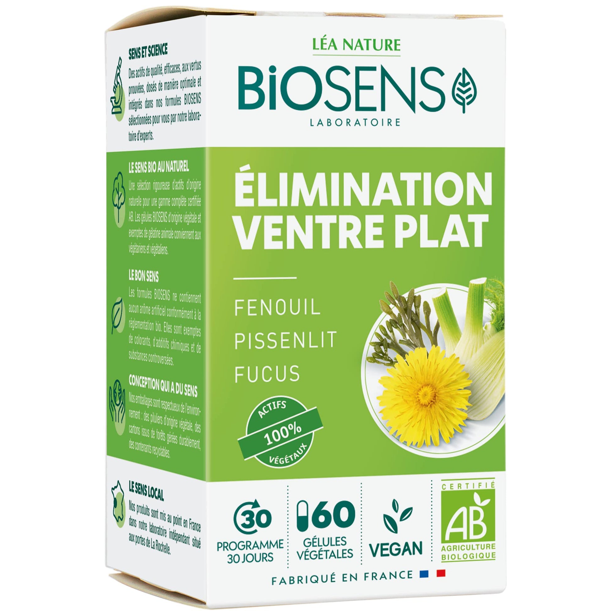 Biosens - Gélule végétale Ventre plat Elimination - Fenouil, Pissenlit et Fucus - Certifié Bio AB Vegan - Fabriqué en France - Actifs 100% Végétaux - Programme de 30 jours - 60 gélules (Lot de 4) - Medaid International