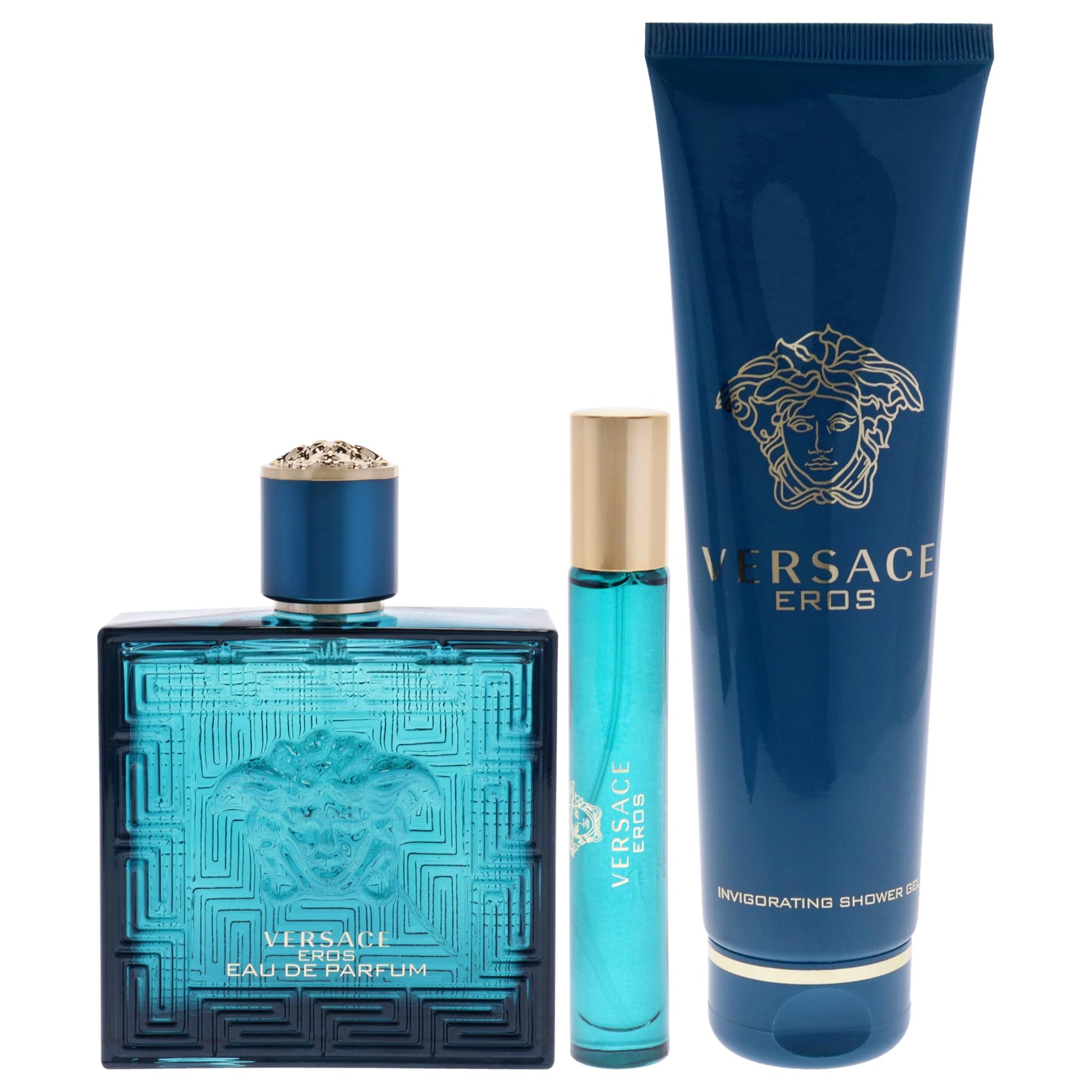 Versace Eros for Men 3 Pc Gift Set - 3.4oz EDP, 0.3oz Travel Spray, 5oz Shower Gel - Bold, Long-lasting Fragrance - Medaid International
