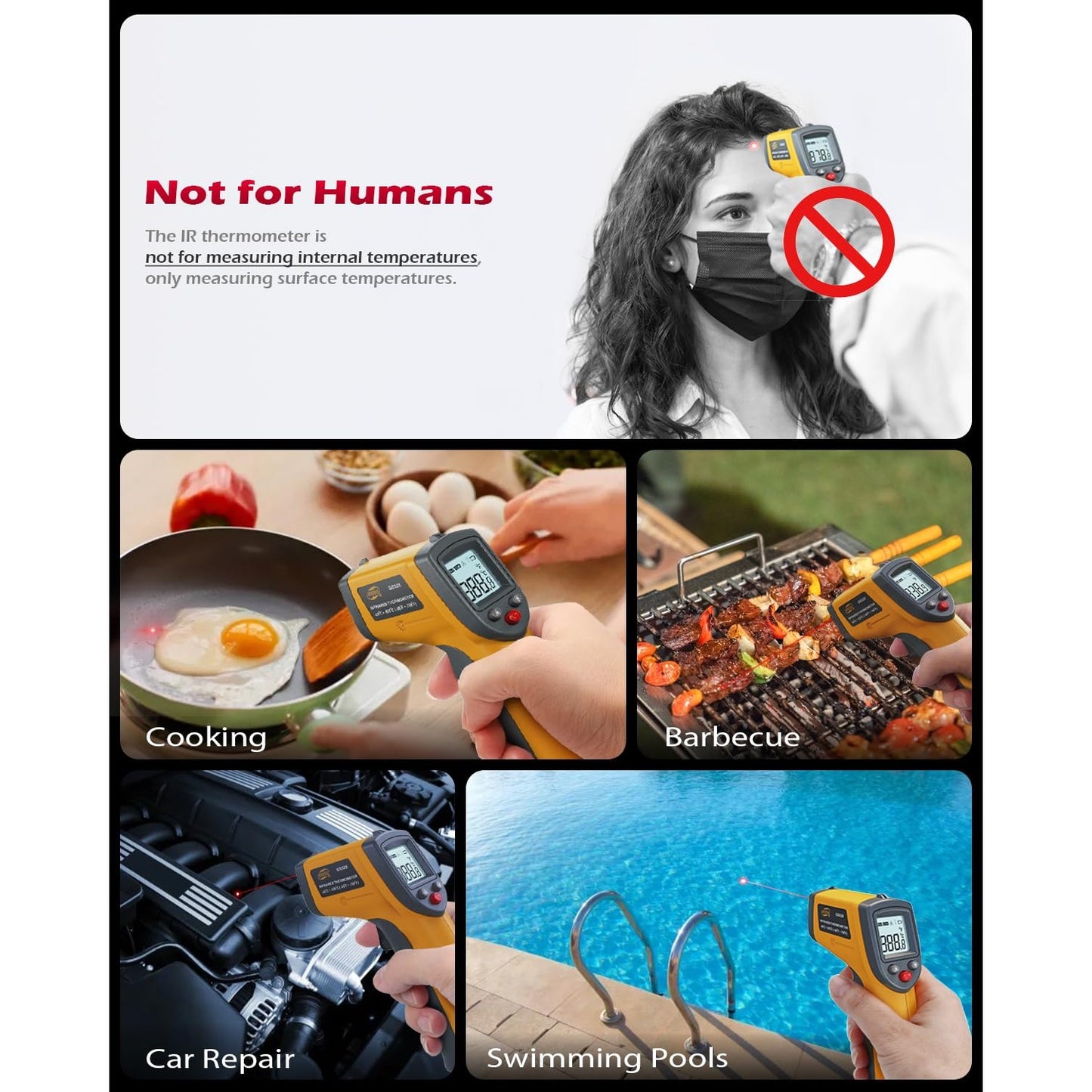 Benetech Infrared Thermometer Laser Temperature Gun, Digital Surface Heat Temp Gun Non-Contact for Cooking Food, Pizza Oven, Griddle Meat, Refrigerator, HVAC, Grill, Engine -58℉~986℉ (GS320) - Medaid International