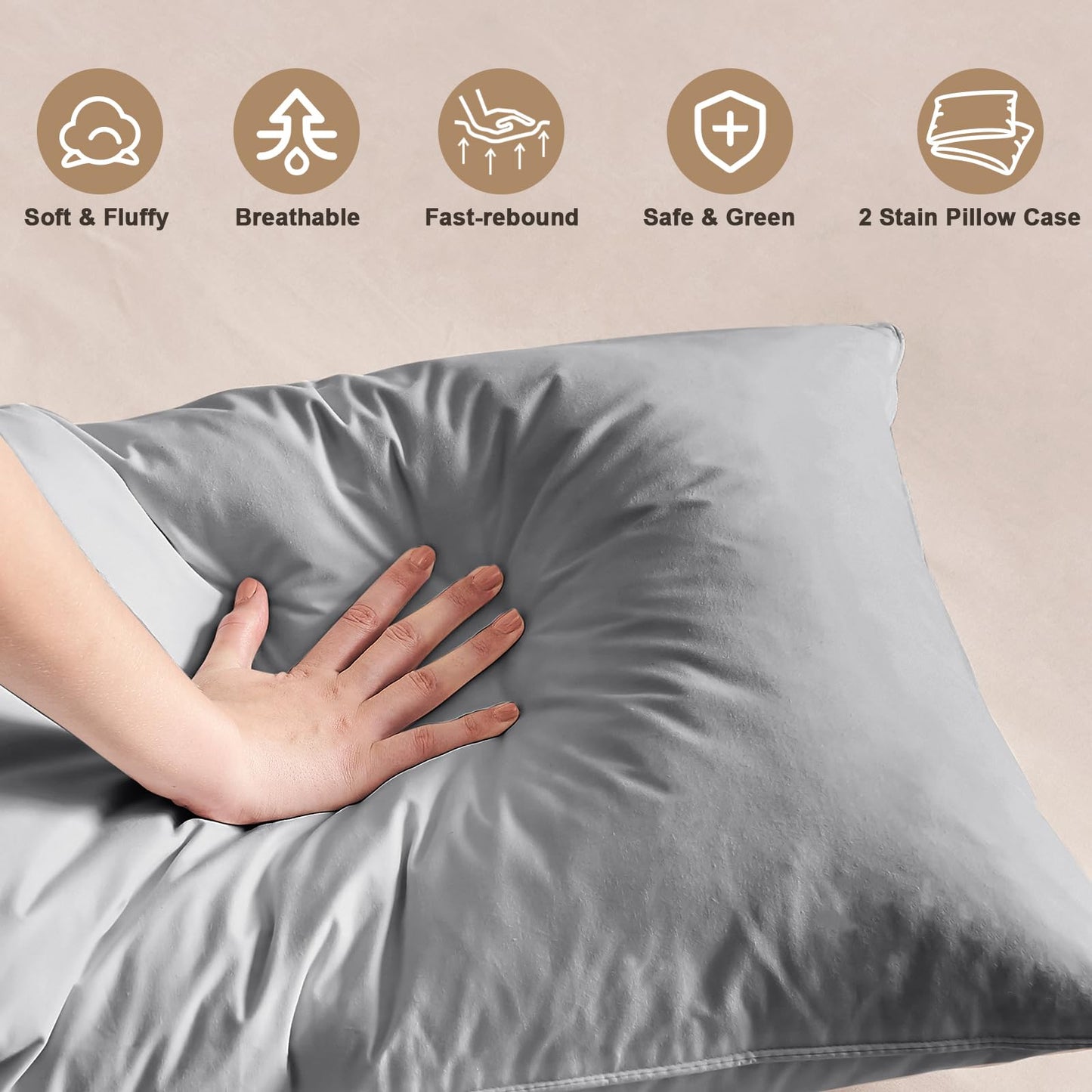 BHZ Satin Goose Down Feather Pillows King Size Set of 2 with Satin Pillowcase for Hair and Skin, Cooling Pillow Cases Similar to Silk Pillow Cases, Christmas Decorative Gifts for Women, Mom Men, Grey - Medaid International