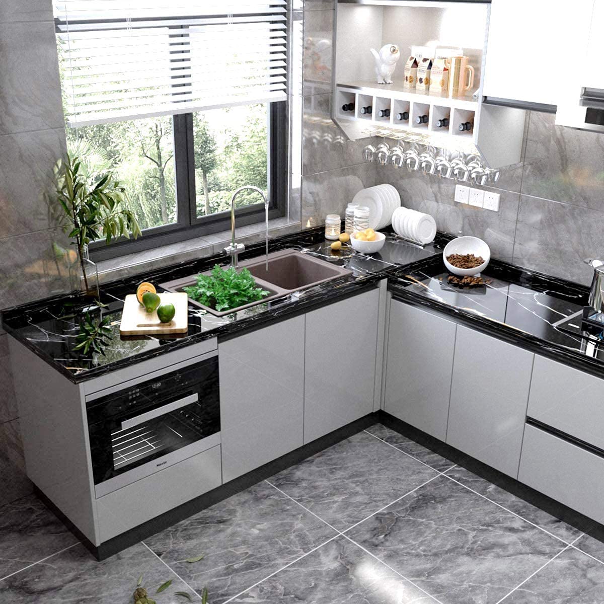 WALLTON Wall Stickers Marble (12 x 48 Inches) Jade Kitchen Counter, Cabinet Makeover, Almirah, Plastic & Wooden Tabletop, Wardrobe, PVC DIY Self Adhesive, Black and Golden Marble Gloss - Medaid International