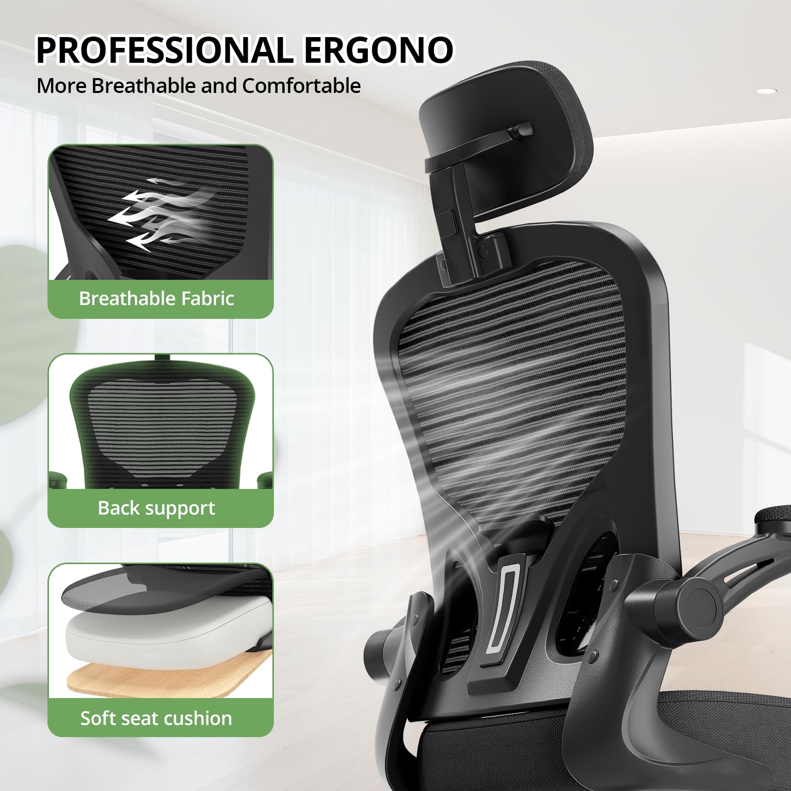 Office Chair Ergonomic Desk Chair, 330LBS Capacity, High Back Computer Chair for Long Hours Comfortable, Rolling Swivel Executive Task Chair for Home Office with Flip-up Armrests, Black - Medaid International