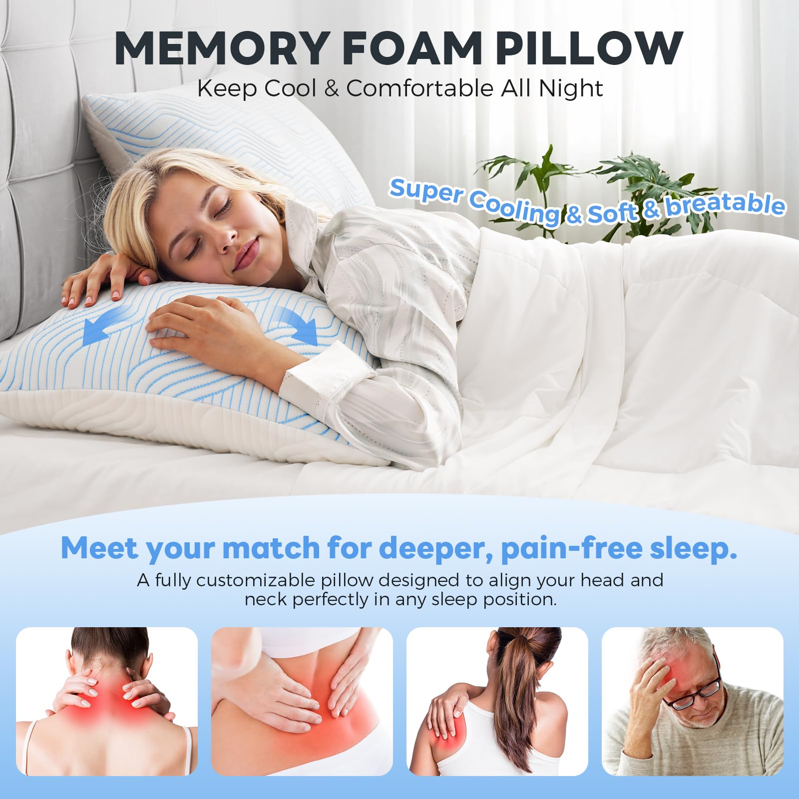VONPURE Shredded Memory Foam Pillows Queen Size Set of 2, Adjustable Loft Cooling Firm Bed Pillows for Hot Sleepers, Side Back and Stomach Sleepers - Medaid International