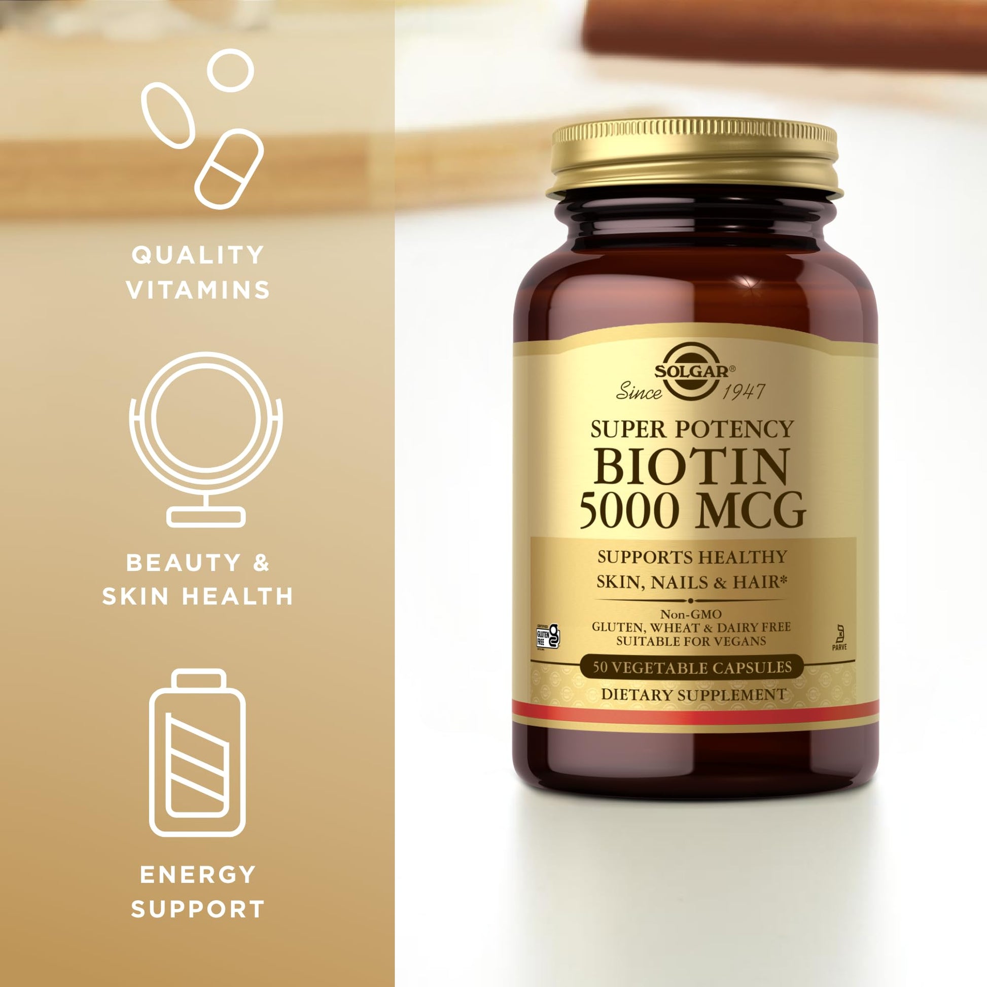 Solgar Biotin 5000 mcg - 50 Vegetable Capsules - Supports Healthy Skin, Nails & Hair - Non-GMO, Vegan, Gluten Free, Dairy Free, Kosher - 50 Servings - Medaid International