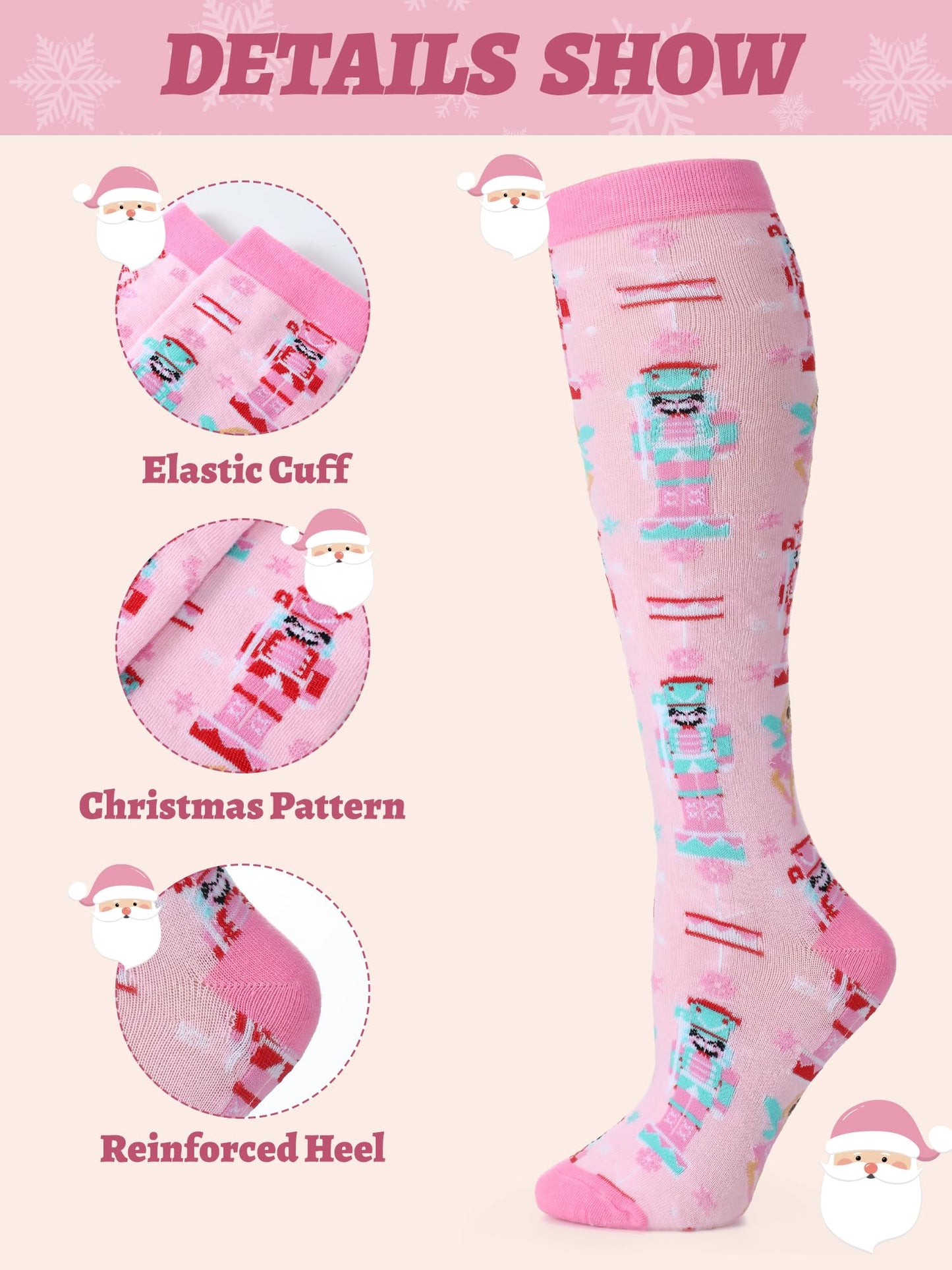 Croloose 6 Pairs Pink Christmas Socks for Women Girls Fun Santa Gnome Nutcracker Snowflake Cotton Xmas Stocking Socks(Knee High Style) - Medaid International
