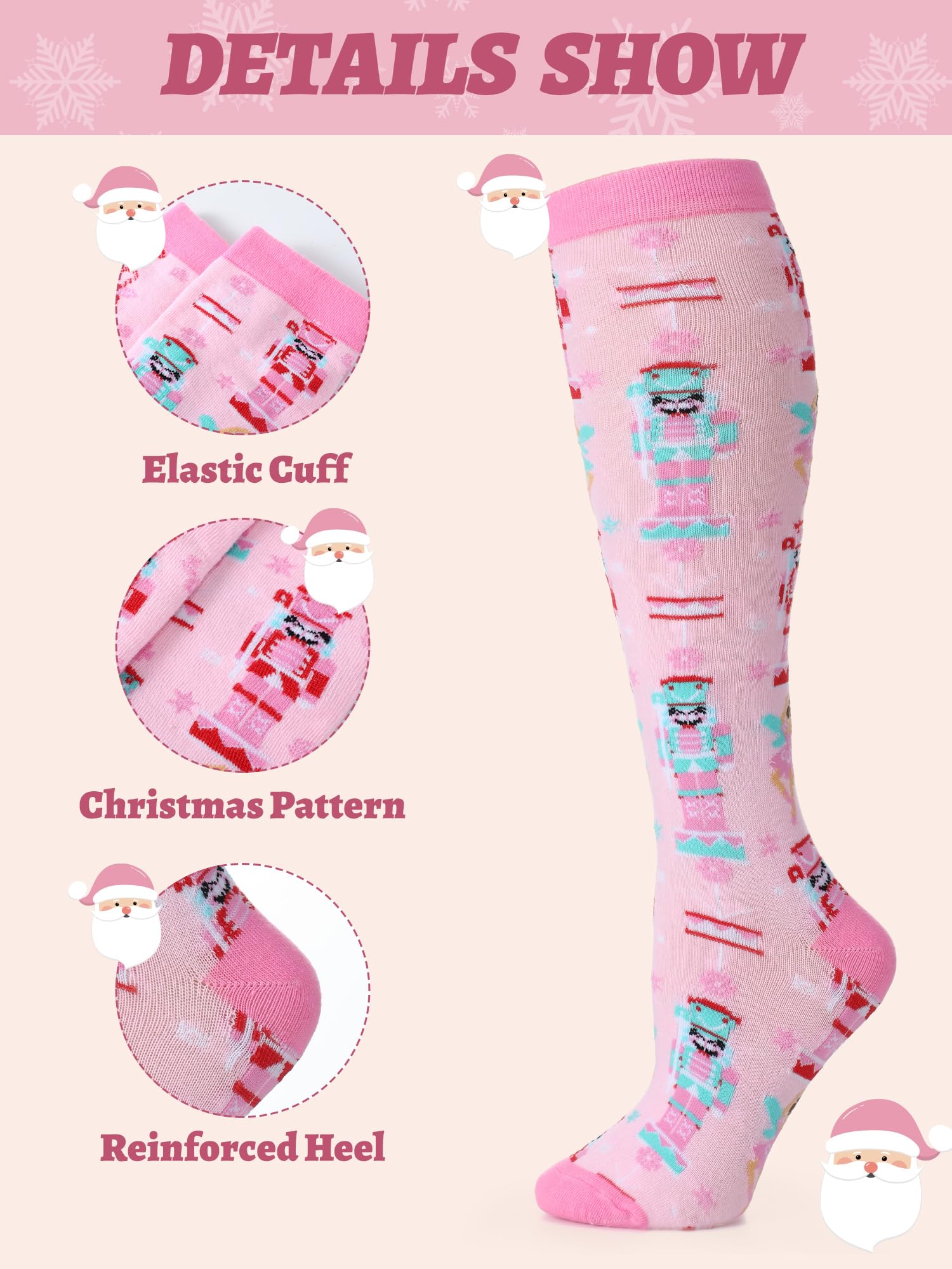 Croloose 6 Pairs Pink Christmas Socks for Women Girls Fun Santa Gnome Nutcracker Snowflake Cotton Xmas Stocking Socks(Knee High Style) - Medaid International