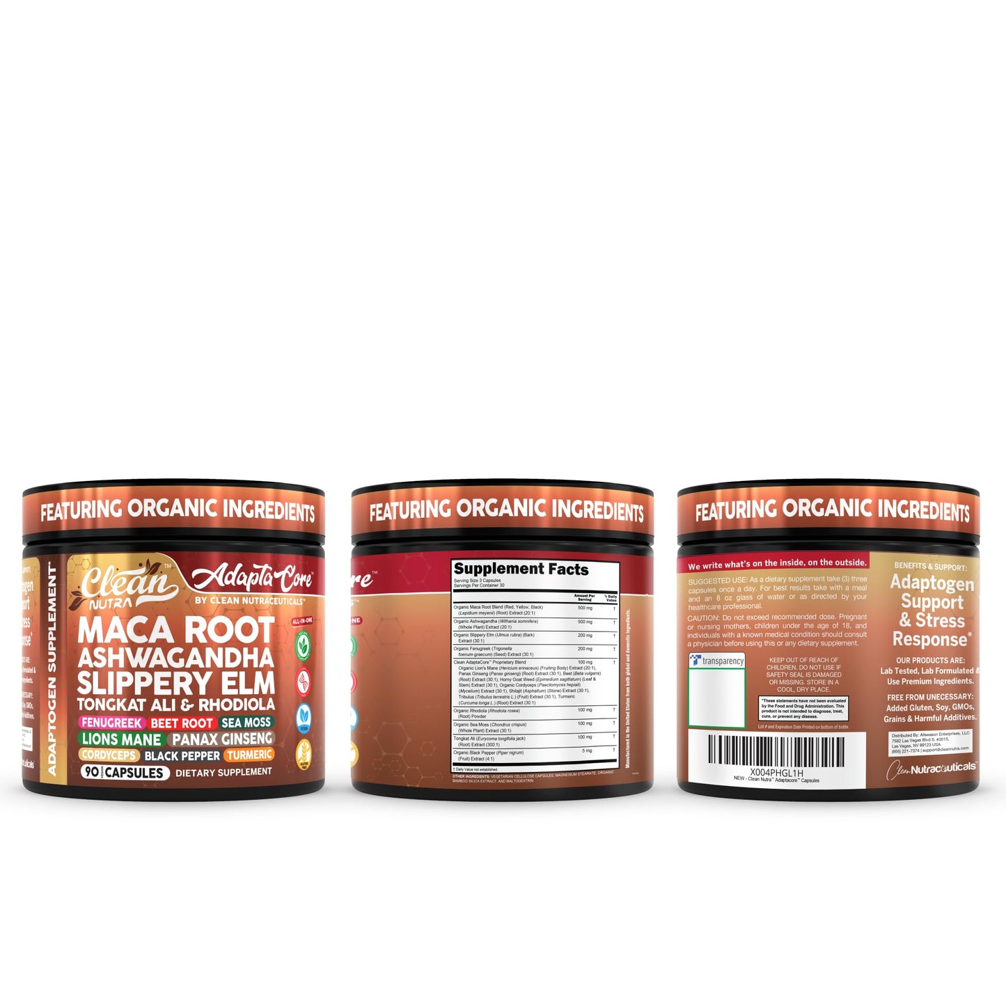 Adapta Core Adaptogens Supplements | Maca Root Ashwagandha Slippery Elm Tongkat Ali Rhodiola Rosea Fenugreek Beetroot Sea Moss Ginseng Pepper Mushrooms Horny Goat Weed 90 Capsules by Clean Nutra - Medaid International