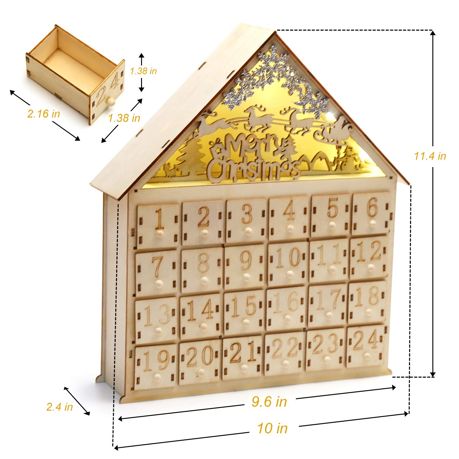 CCINEE Christmas Wooden Advent Calendar with LED Light 24 Storage Drawers Christmas Countdown Calendar for Holiday Decoration - Medaid International