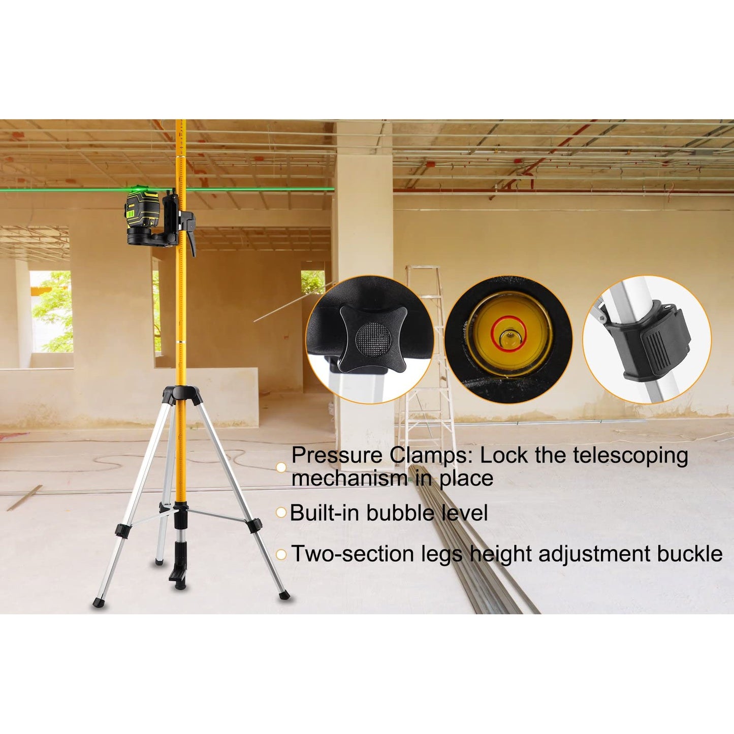 Laser Level Pole, Firecore Upgraded 12 ft. Telescoping Laser Pole with Tripod and Multifunctional Mounting Clamp, Adjustable Bracket with 1/4"-20 Laser Mount for Rotary and Line Laser Level- FLP370CX - Medaid International