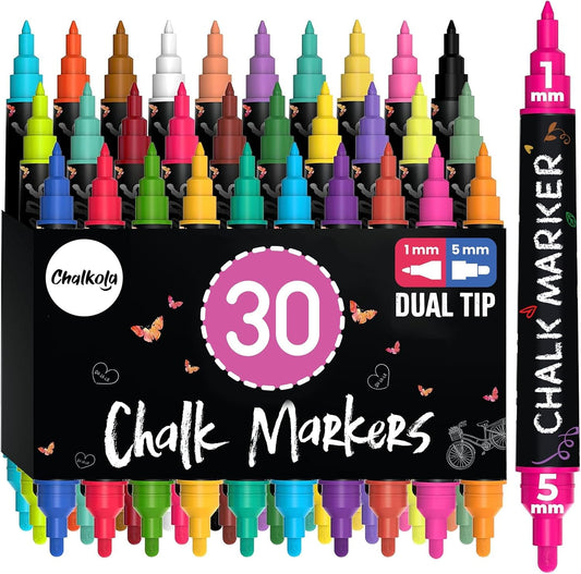Chalkola Dual Tip Liquid Chalk Markers for Blackboard - (30 Pack, 1mm Fine Tip +5mm Bold) | Wet Erase, Erasable Chalkboard Markers, Chalk Pen for Signs, Car Windows, Wall Calendar, Glass, Board - Medaid International