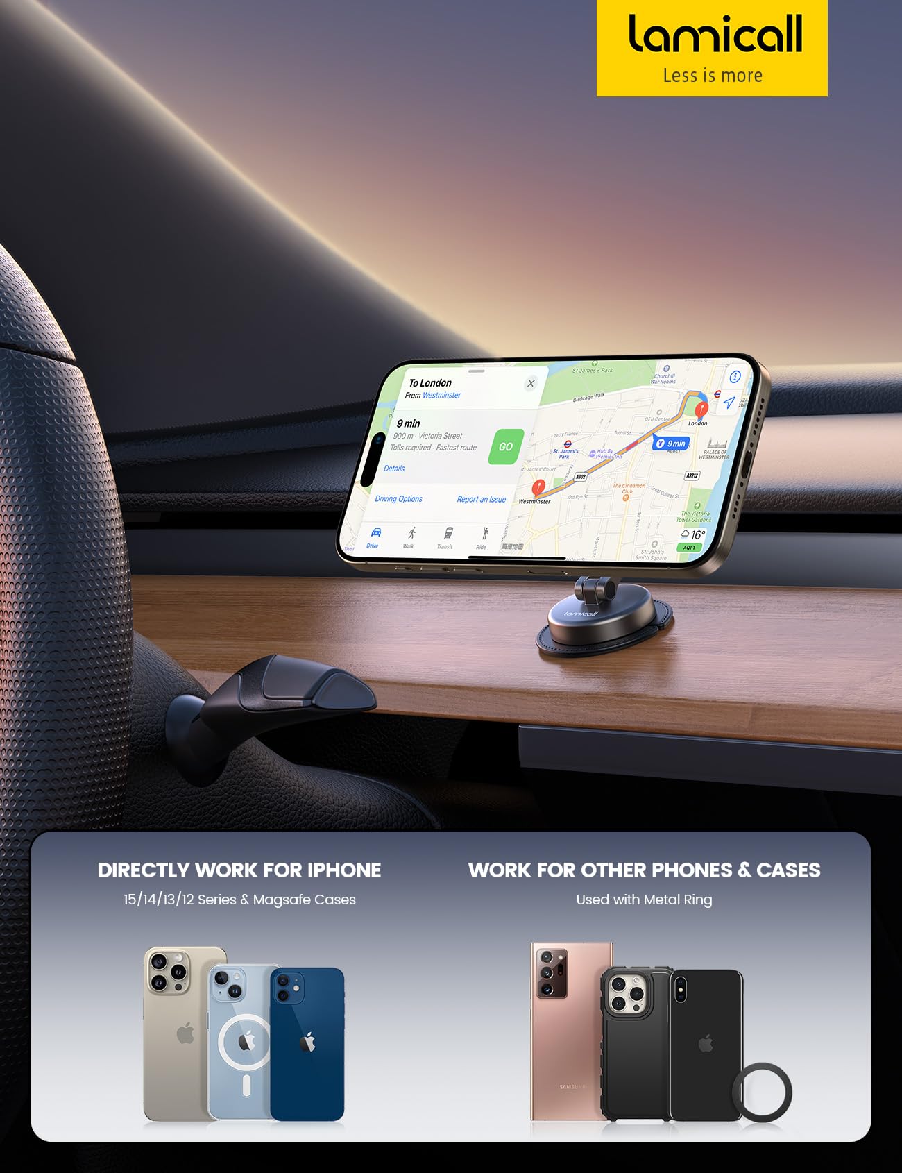 Lamicall for MagSafe Car Mount [All-Metal] Magnetic Phone Holder for Your Car, [Flexible Three-axis] Cell Phone Car Mount Dashboard with N55 Strong Magnets for iPhone 16 15 14 13 12 Pro Max Plus Mini - Medaid International