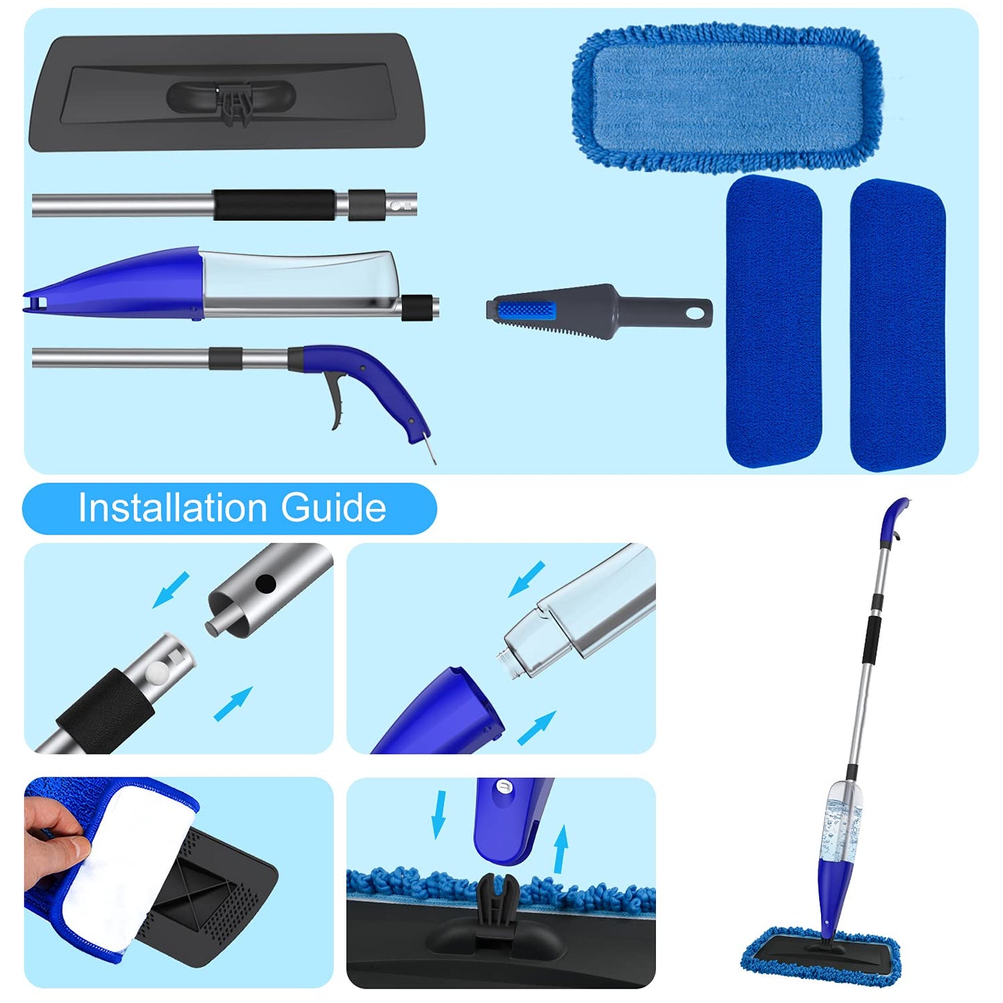 Spray Mop for Floor Cleaning with 3pcs Washable Pads - Wet Dry Microfiber Mop with 800 ml Refillable Bottle for Kitchen Wood Floor Hardwood Laminate Ceramic Tiles Floors Dust Cleaning - Medaid International