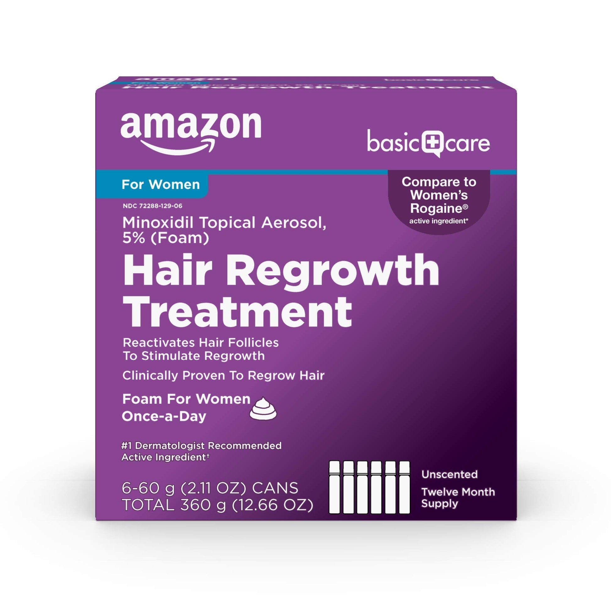 Amazon Basic Care Hair Regrowth Treatment For Women, Minoxidil 5% Topical Aerosol (Foam), 12 Month Supply, Unscented, 2.11 ounce (Pack of 6) - Medaid International