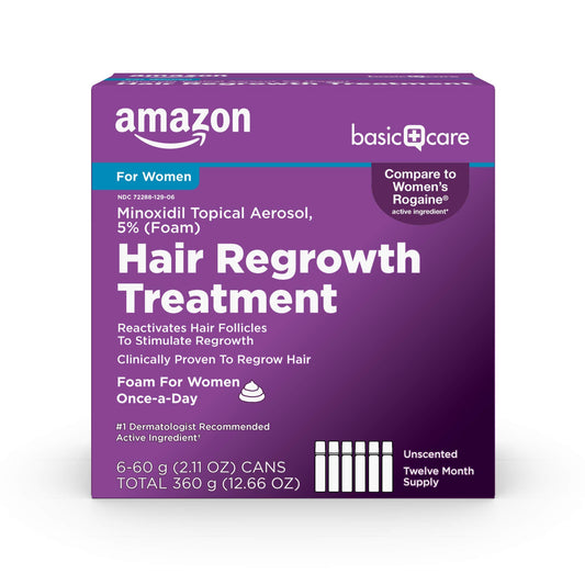 Amazon Basic Care Hair Regrowth Treatment For Women, Minoxidil 5% Topical Aerosol (Foam), 12 Month Supply, Unscented, 2.11 ounce (Pack of 6) - Medaid International