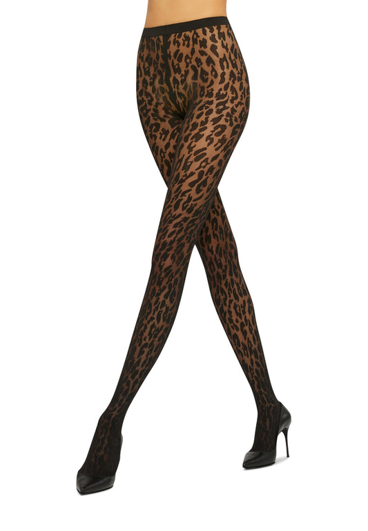 Wolford Josey Tights for Women Leo Design Sheer Opaque Animal-Inspired Print Knitted-in Waistband For Guaranteed Perfect Fit Black Small - Medaid International