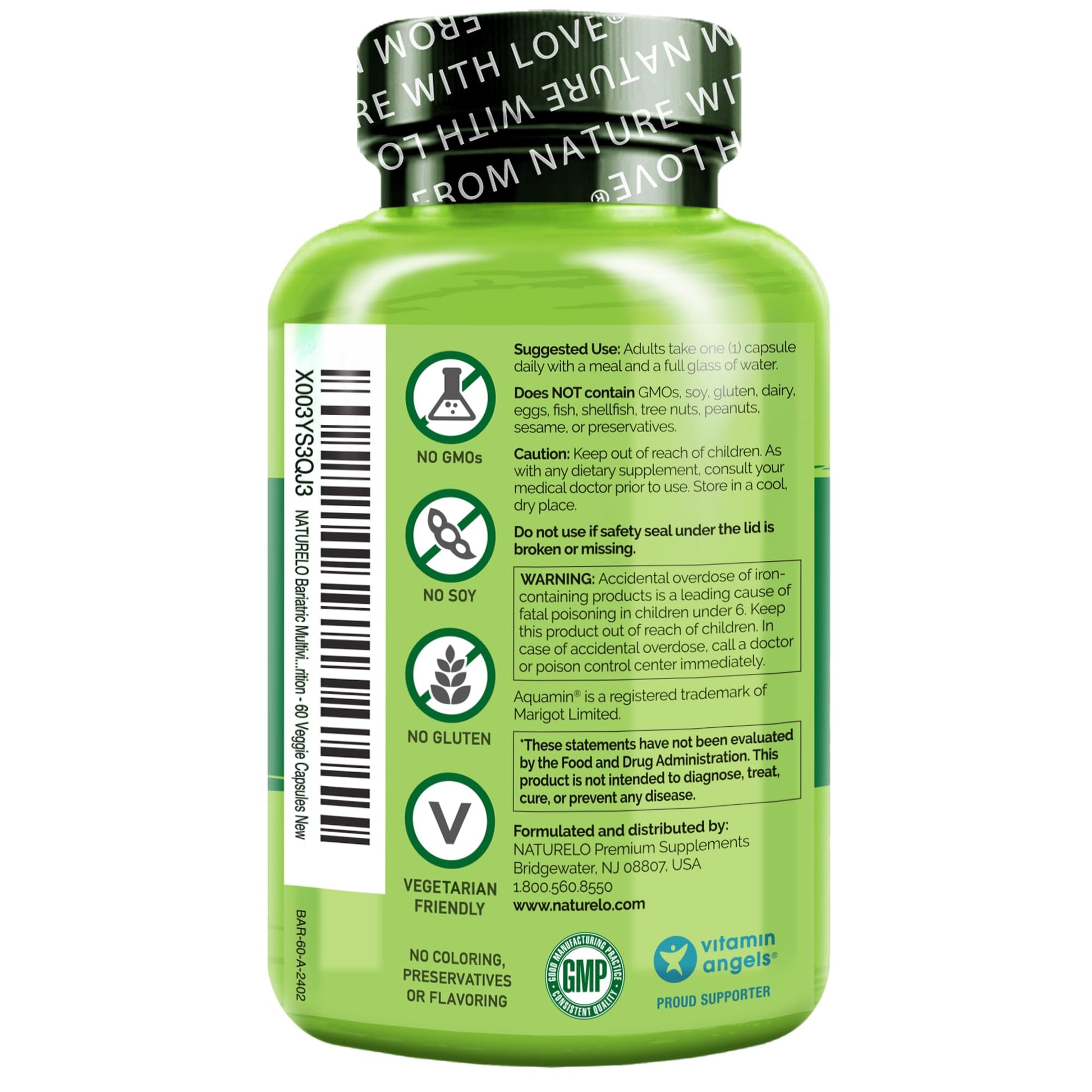 NATURELO Bariatric Multivitamin - One Daily with Iron - Supplement for Post Gastric Bypass Surgery Patients - Natural Whole Food Nutrition - 60 Veggie Capsules - Medaid International
