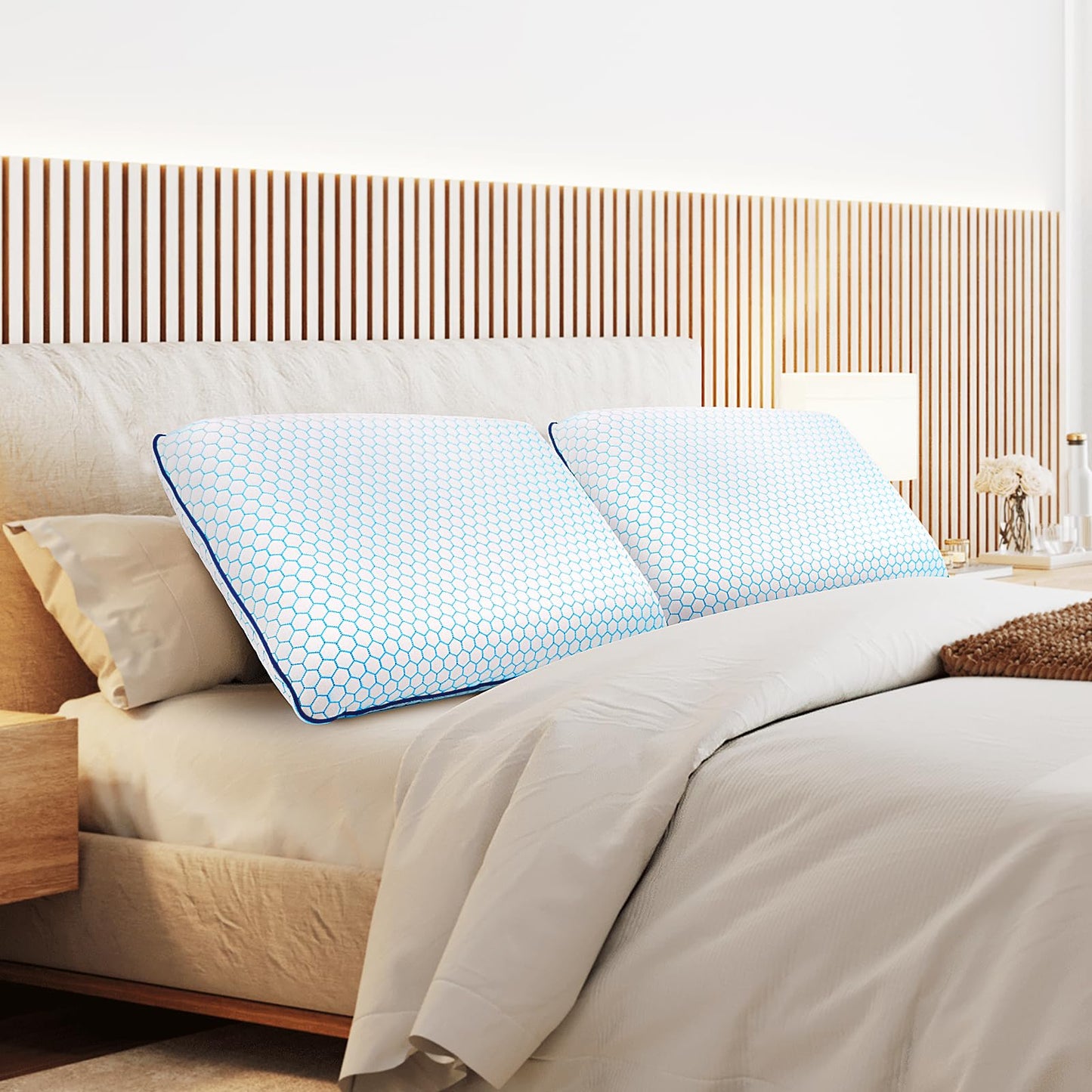 CushyOasis Memory Foam Pillows for Side, Back and Stomach Sleepers, Set of 2, Bed Pillow with Washable Cover and Breathable Mesh, Bed Pillow for Sleeping (Blue，Standard Size) - Medaid International