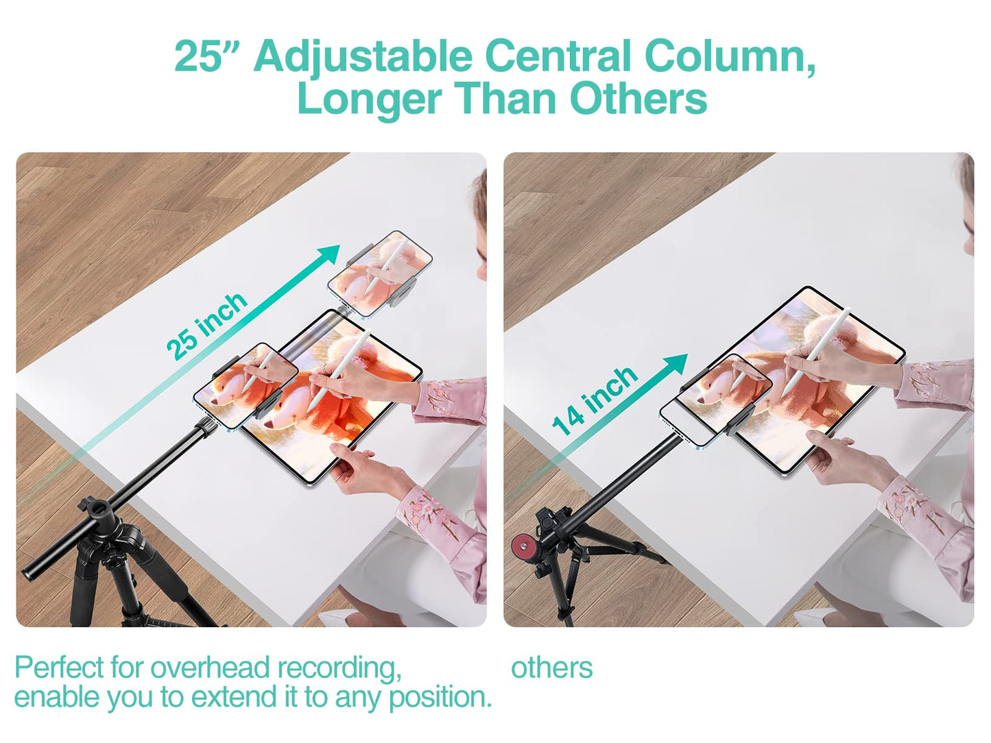 Elitehood iPhone Tripod for Overhead Video Recording [Heavy Duty & Ultra-Stable], 25in Horizontal Long Extendable Boom, 360° Rotation iPhone Tripod Stand with Remote, Vertical 71" Tall Phone Stand - Medaid International