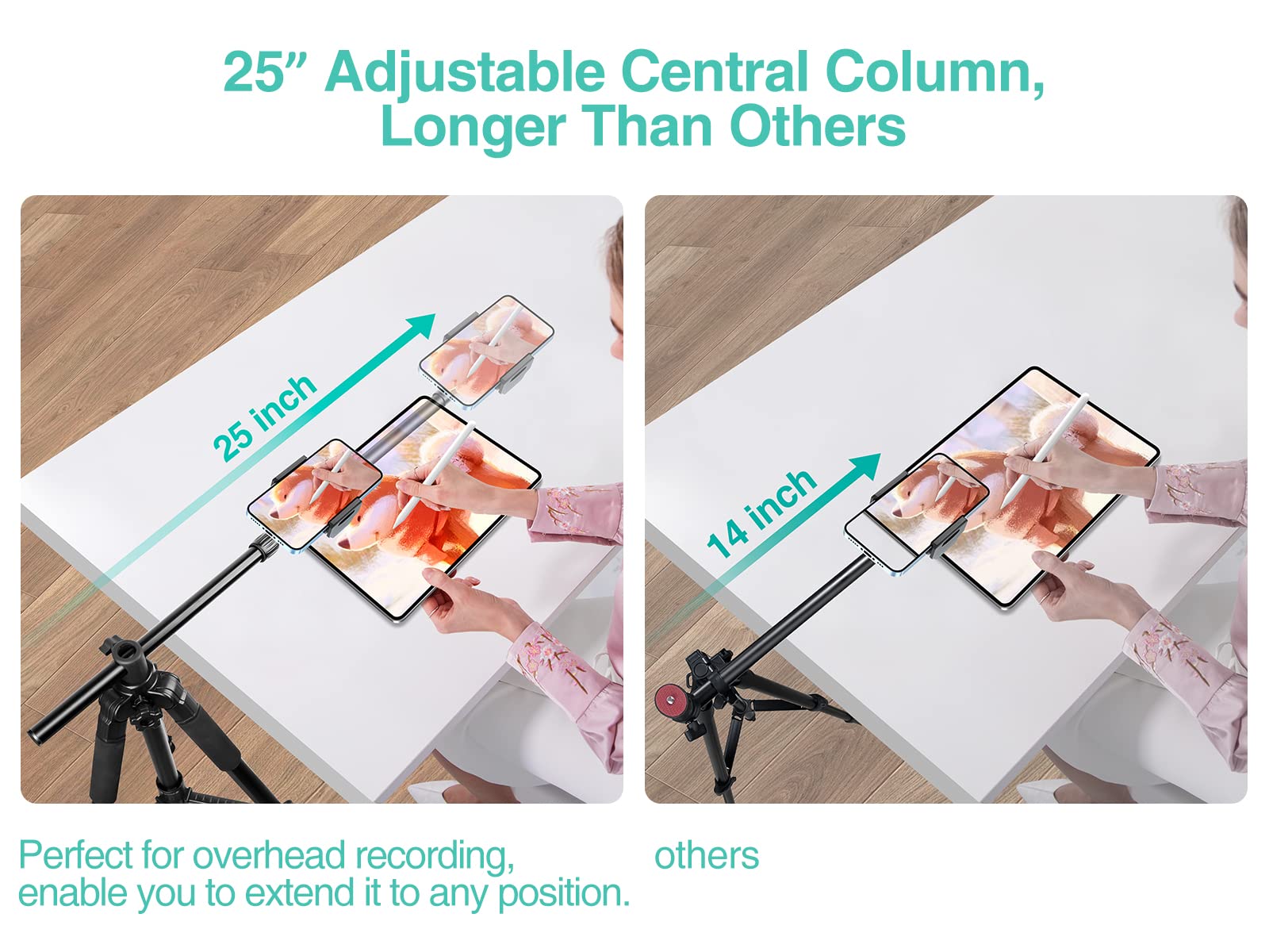 Elitehood iPhone Tripod for Overhead Video Recording [Heavy Duty & Ultra-Stable], 25in Horizontal Long Extendable Boom, 360° Rotation iPhone Tripod Stand with Remote, Vertical 71" Tall Phone Stand - Medaid International