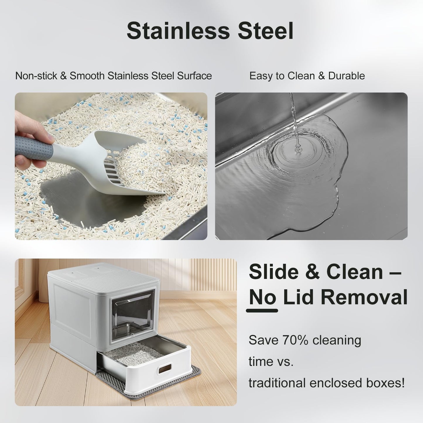 Marchul Enclosed Stainless Steel Cat Litter Box with Lid & Drawer Design for Indoor All Lifestyles Cats, Metal Covered Cat Litter Box, Baffles for Anti-Leakag, with Litter Scoop & Litter Mat