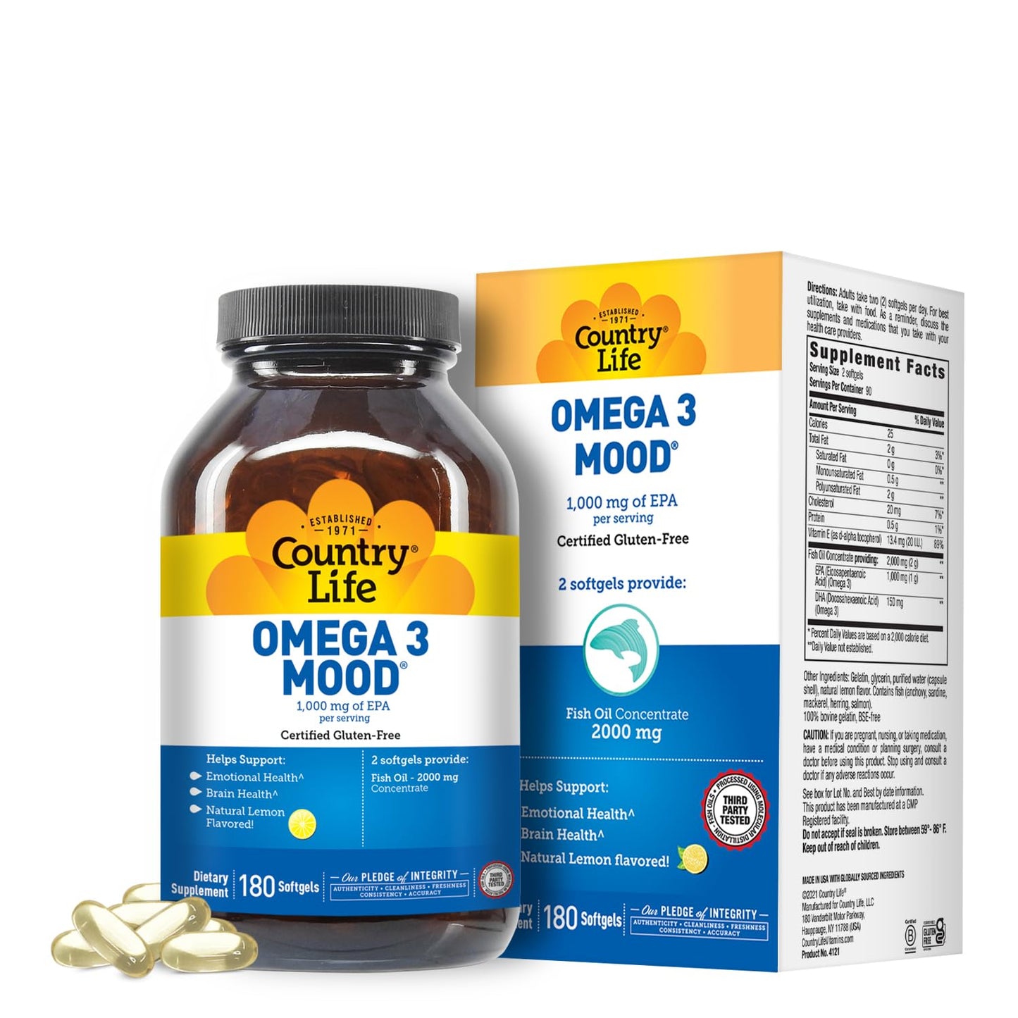 Country Life Omega 3 Fish Oil Supplement - High Concentration EPA and DHA Omega 3 Fatty Acids - 2000mg Fish Oil for Emotional Health, Mood Support, and No Fish Taste - Natural Lemon Flavor - Medaid International
