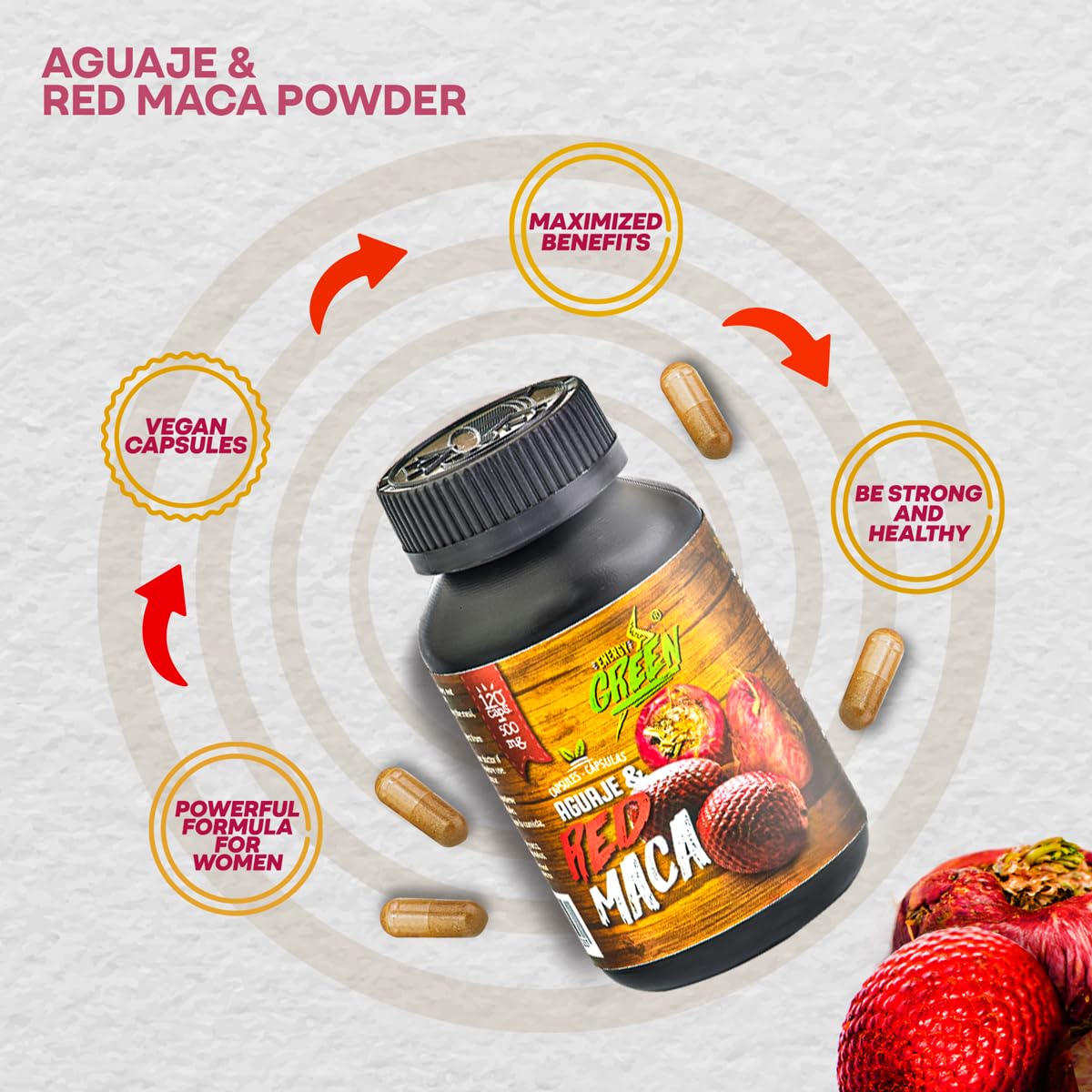 Aguaje with Red Maca Powder - 120 Pills - 1000mg Serving - Rich Phytostrogens Source - 100% Natural - Non GMO - Vegan - Wild Harvested in Peru - Medaid International