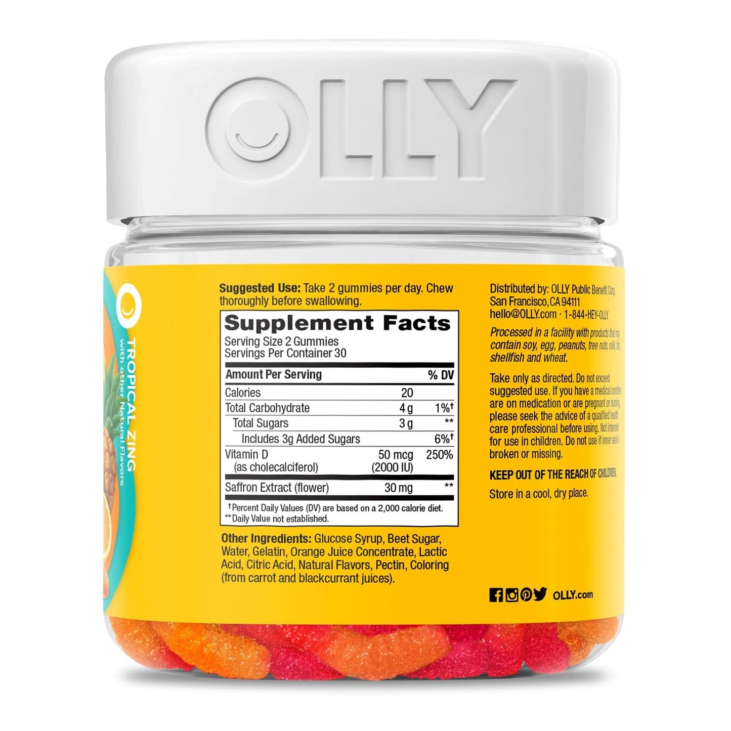 OLLY Hello Happy Gummy Worms, Mood Balance Support, Vitamin D, Saffron, Adult Chewable Supplement, Tropical Zing - 60 Count - Medaid International