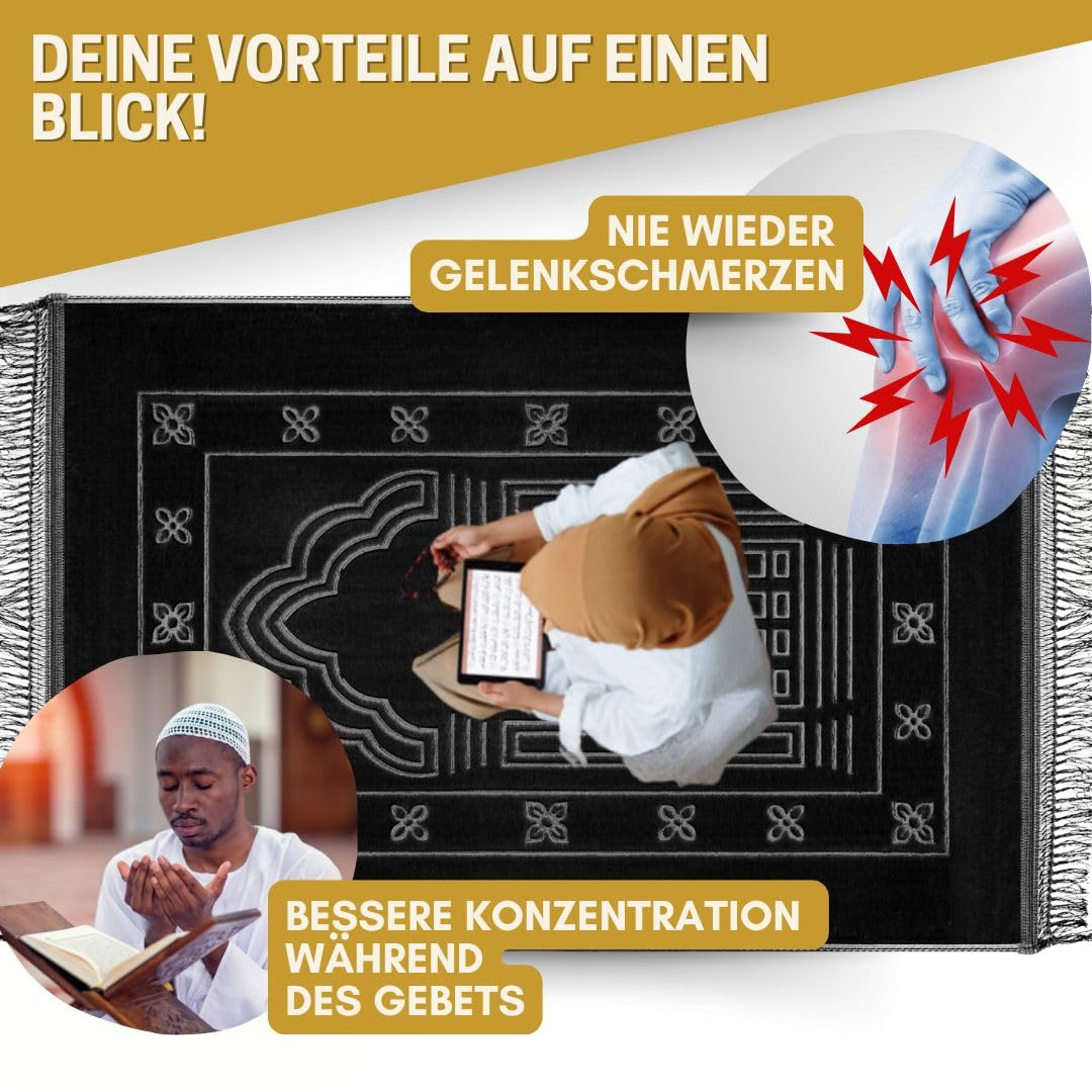 AL-WARDA Muslim Prayer Mat - Super Comfortable and Soft Plush Prayer Mat - Thick Muslim Prayer Mat - Soft as a Cloud, Ideal for Knees and Forehead (Black) - Medaid International