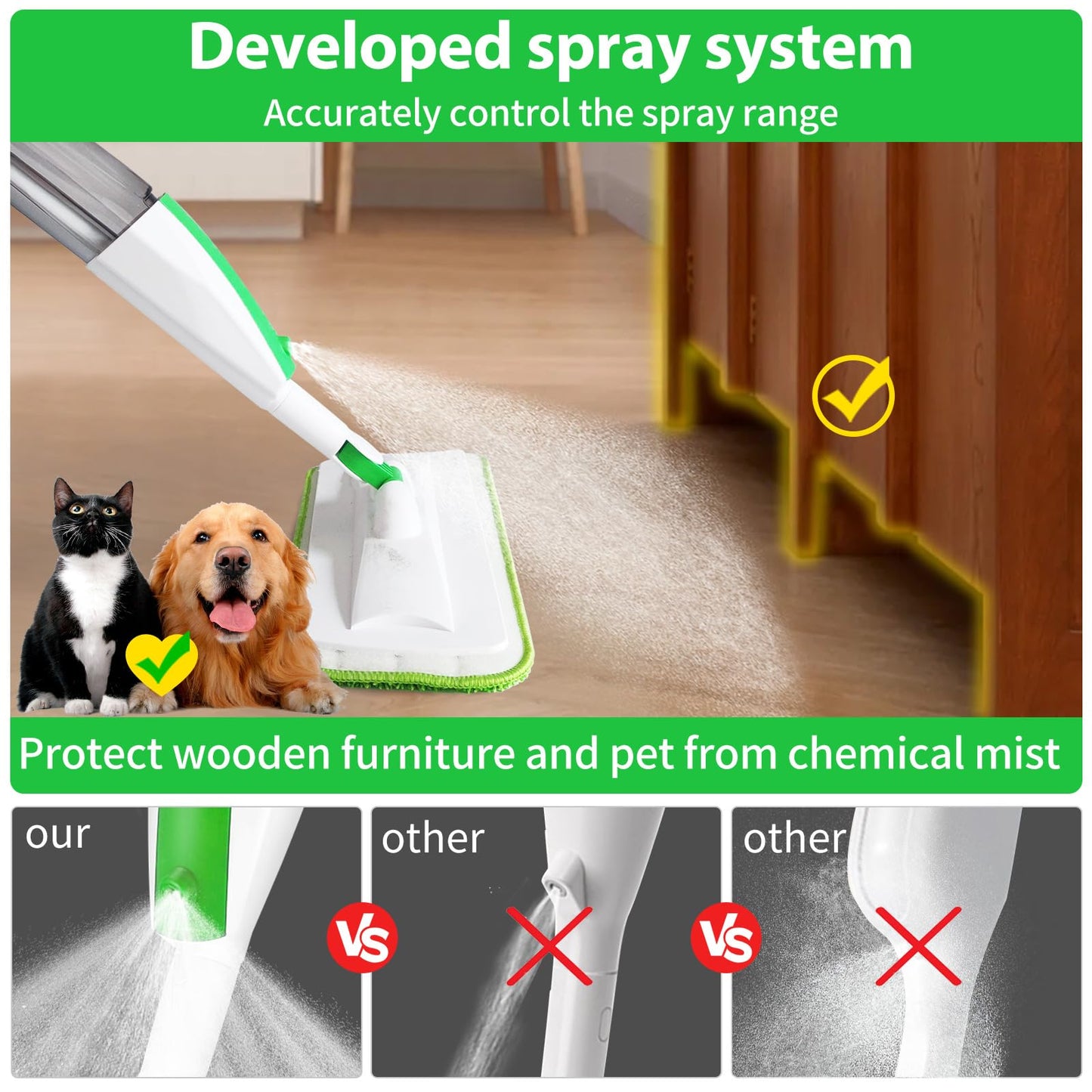 Mops for Floor Cleaning Wet Spray Mop with 14 oz Refillable Bottle and 3 Washable Microfiber Pads Home or Commercial Use Dry Wet Flat Mop for Hardwood Laminate Wood Ceramic - Medaid International