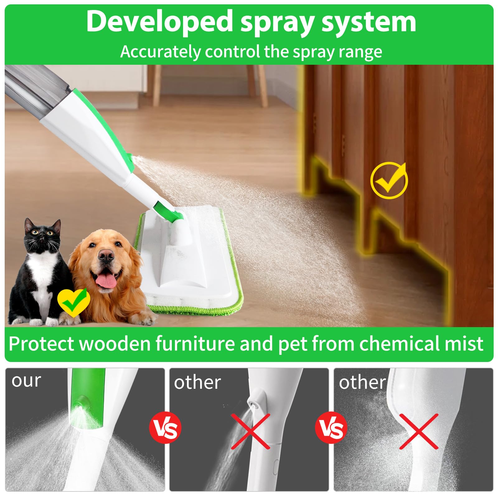 Mops for Floor Cleaning Wet Spray Mop with 14 oz Refillable Bottle and 3 Washable Microfiber Pads Home or Commercial Use Dry Wet Flat Mop for Hardwood Laminate Wood Ceramic - Medaid International