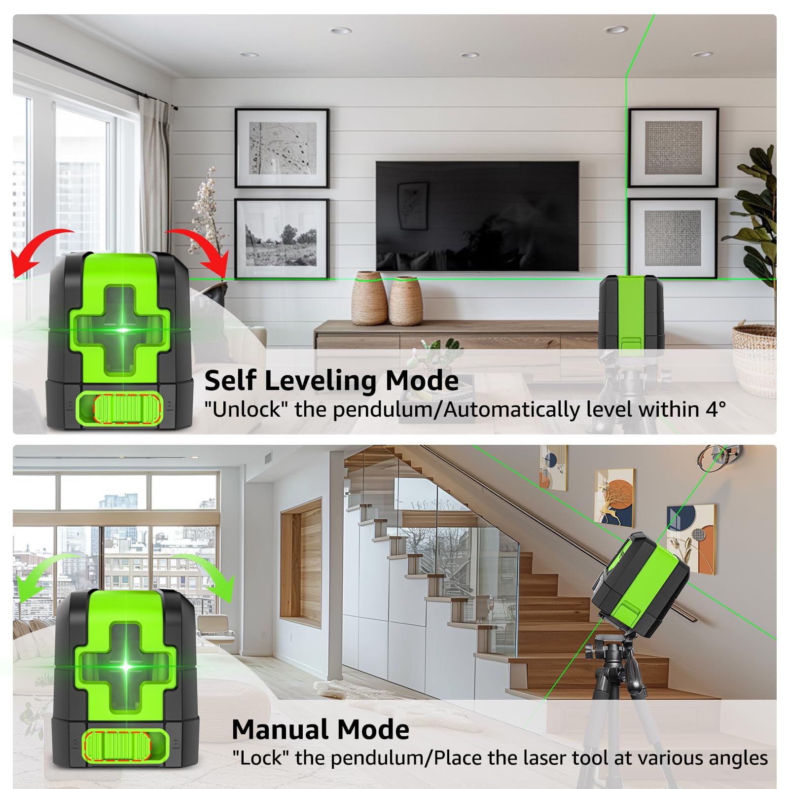 Huepar Laser Level, 100Ft Self Leveling Green Cross Line Laser for Picture Hanging, Tile, Decoration & DIY Construction – 360° Magnetic Base & AA Battery, Indoor Use - Medaid International