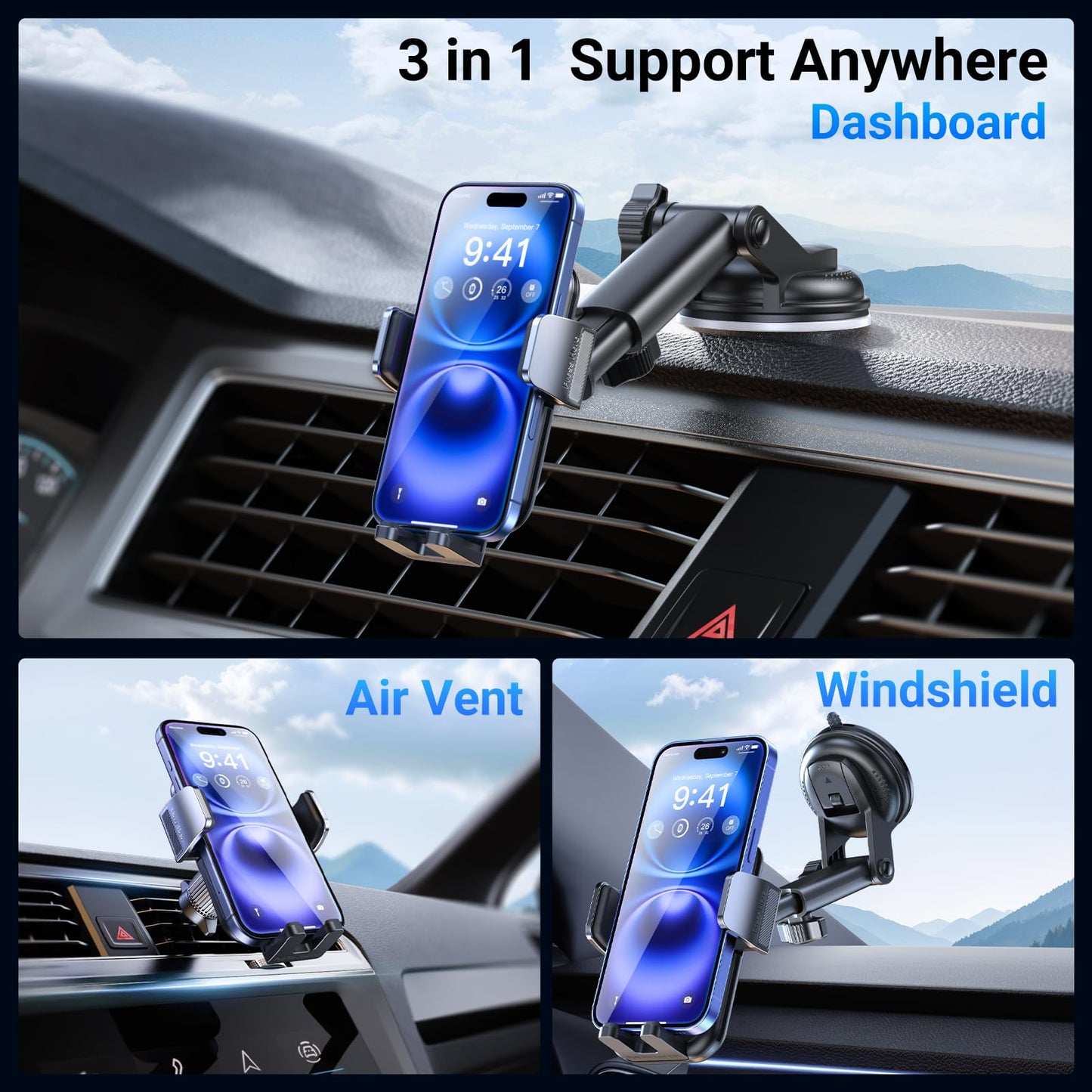 ACMEZING 3-in-1 Car Phone Holder [122+LBS Strongest Suction & Stable Clamp Arm] 360° Adjustable Mount, Cell Phone Holders for Your All Car Models for Dashboard Vent, All Smartphones, Black - Medaid International