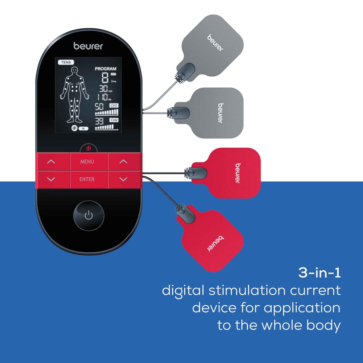 Beurer EM59 Digital 3-in-1 TENS, EMS & Heat Therapy Device for Pain Relief and Massage, Muscle Stimulator with 2 Adjustable Channels, 64 Applications, Timer Function - Medaid International