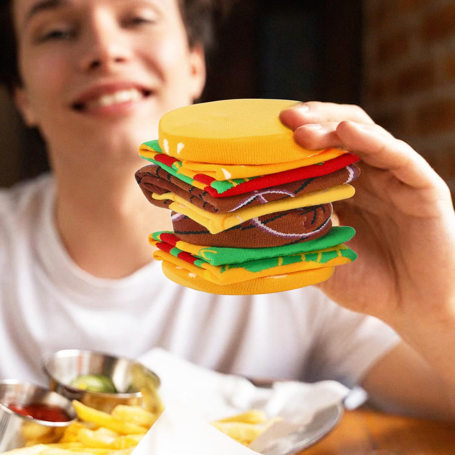 Funny Burger Socks Box for Men Teen Boys Dad Women - Fun Crazy Novelty Cool Silly Hamburger Funky Food Socks Gifts - Unique Gag Gift Ideas for Mens Birthday Father Day Christmas Stocking Stuffers - Medaid International