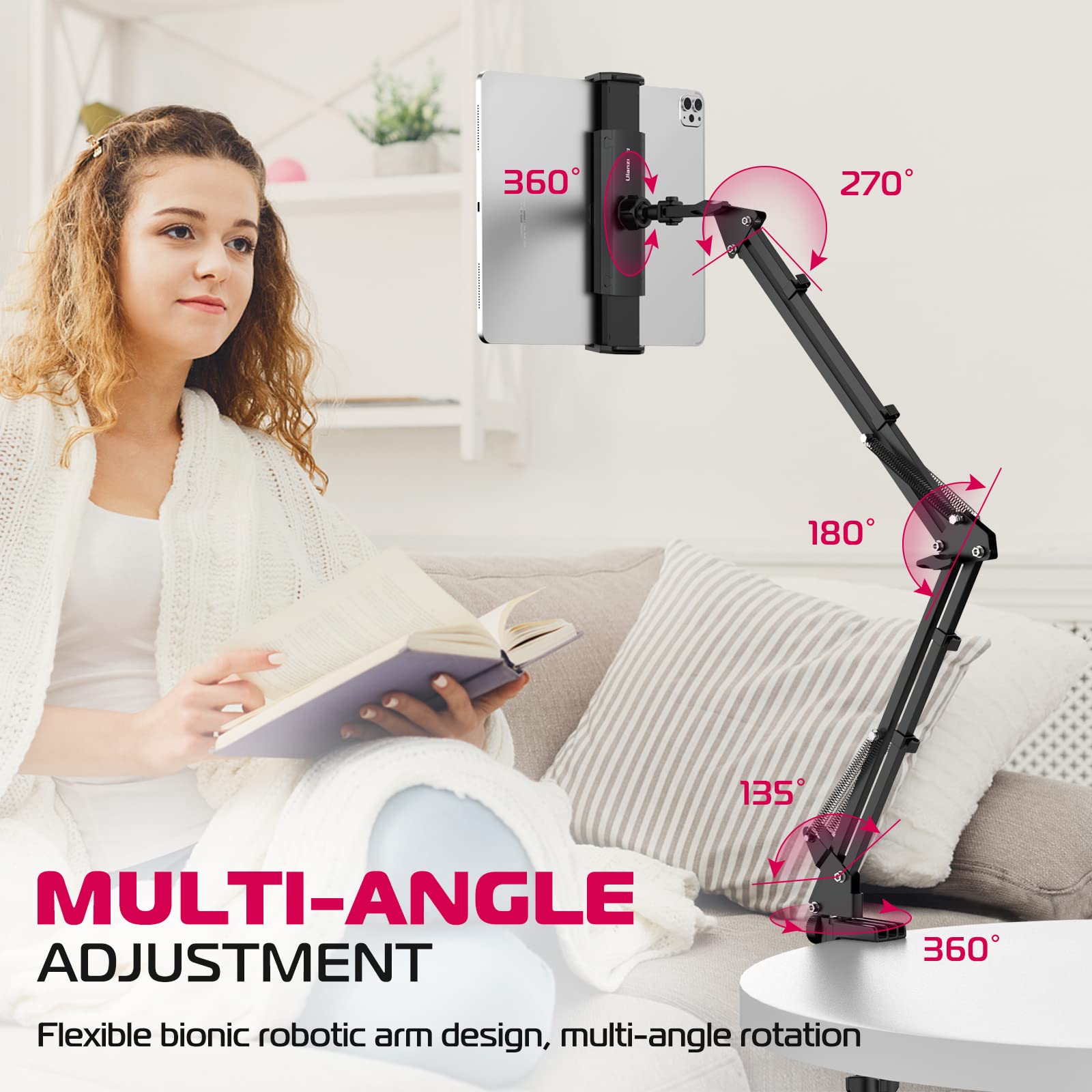 ULANZI T2 Adjustable Tablet Holder for Desk, Carbon Steel Tablet Phone Stand for Bed, Flexible Tablet Arm Clamp Compatible with iPhone 17 16 15 Pro iPad Kindle Galaxy Tab 4.6-12.9 Inch Devices - Medaid International