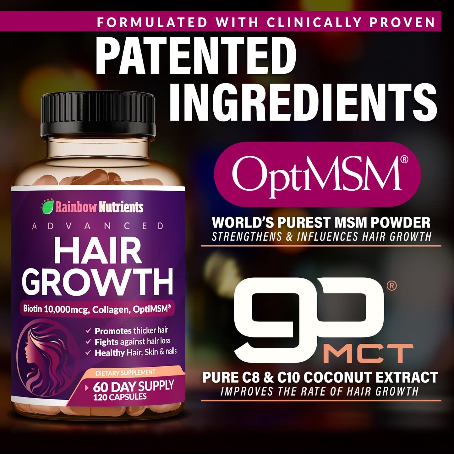 Hair Growth Vitamins for Women | Biotin 10,000mcg, Collagen, Patented OptiMSM®, goMCT®, Saw Palmetto | Naturally Regrow Stronger & Healthier Hair, Skin and Nails | Stops Hair Loss | 60 Day Supply - Medaid International