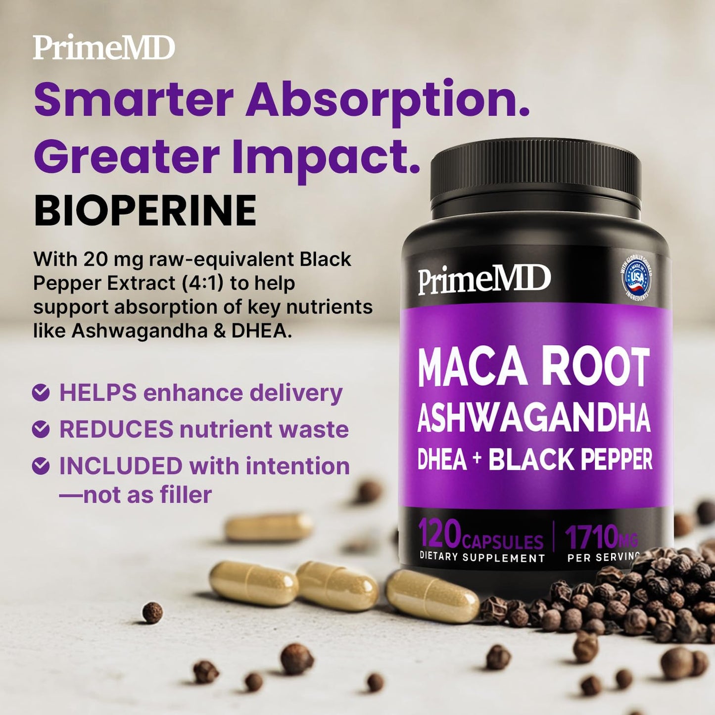 6-in-1 Organic Maca Root Ashwagandha Capsules 1710mg with DHEA and Black Pepper Fruit Extract for Women and Men - Black Maca Supplement for Stamina, Bone and Mood Support Supplement, 120 count - Medaid International