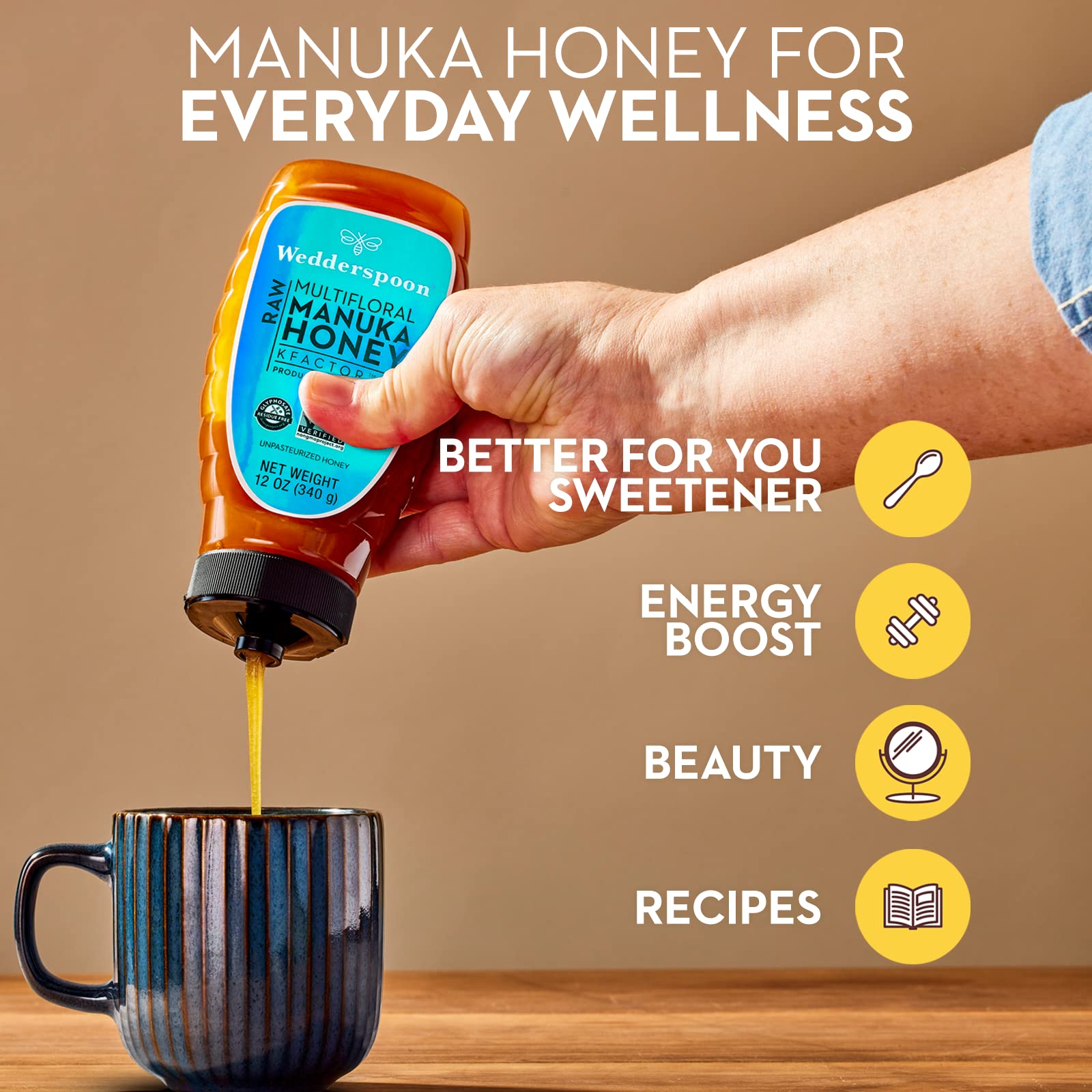 Wedderspoon Raw Premium Manuka Honey, KFactor 12, 12 Oz, Unpasteurized, Genuine New Zealand Honey, Non-GMO Superfood, Traceable from Our Hives to Your Home, Convenient Squeeze Bottle - Medaid International