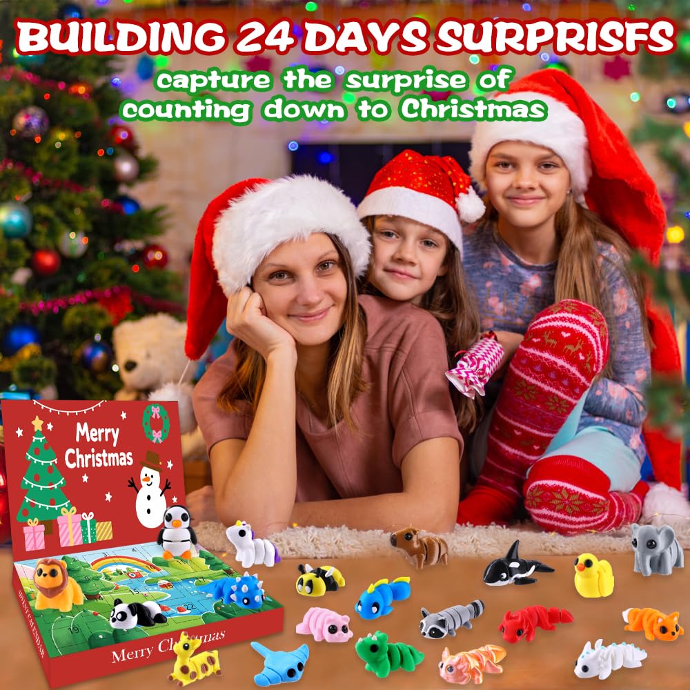JOICEE 2025 Christmas Advent Calendar with Mini 3D Print Animals, 24 Days Mini Animal Figurines Toys Set Xmas Articulated Flexible Fidget Gifts for Kids Boys Girls Christmas Party Favors - Medaid International