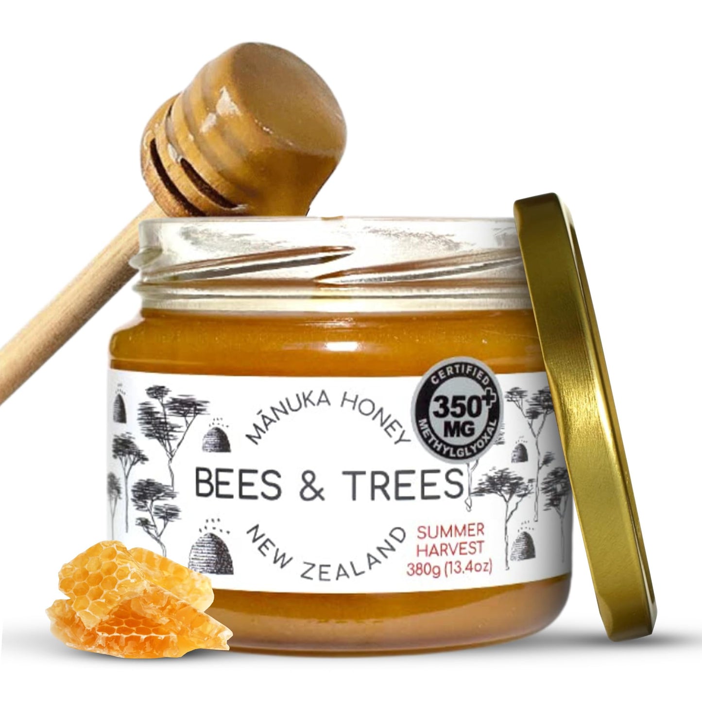 Bees & Trees Manuka Honey 350+ MGO – Pure New Zealand Raw Monofloral Honey – Unpasteurized & Natural – 380g (13.4oz) Glass Jar – Perfect for Coffee, Tea & Daily Wellness - Medaid International