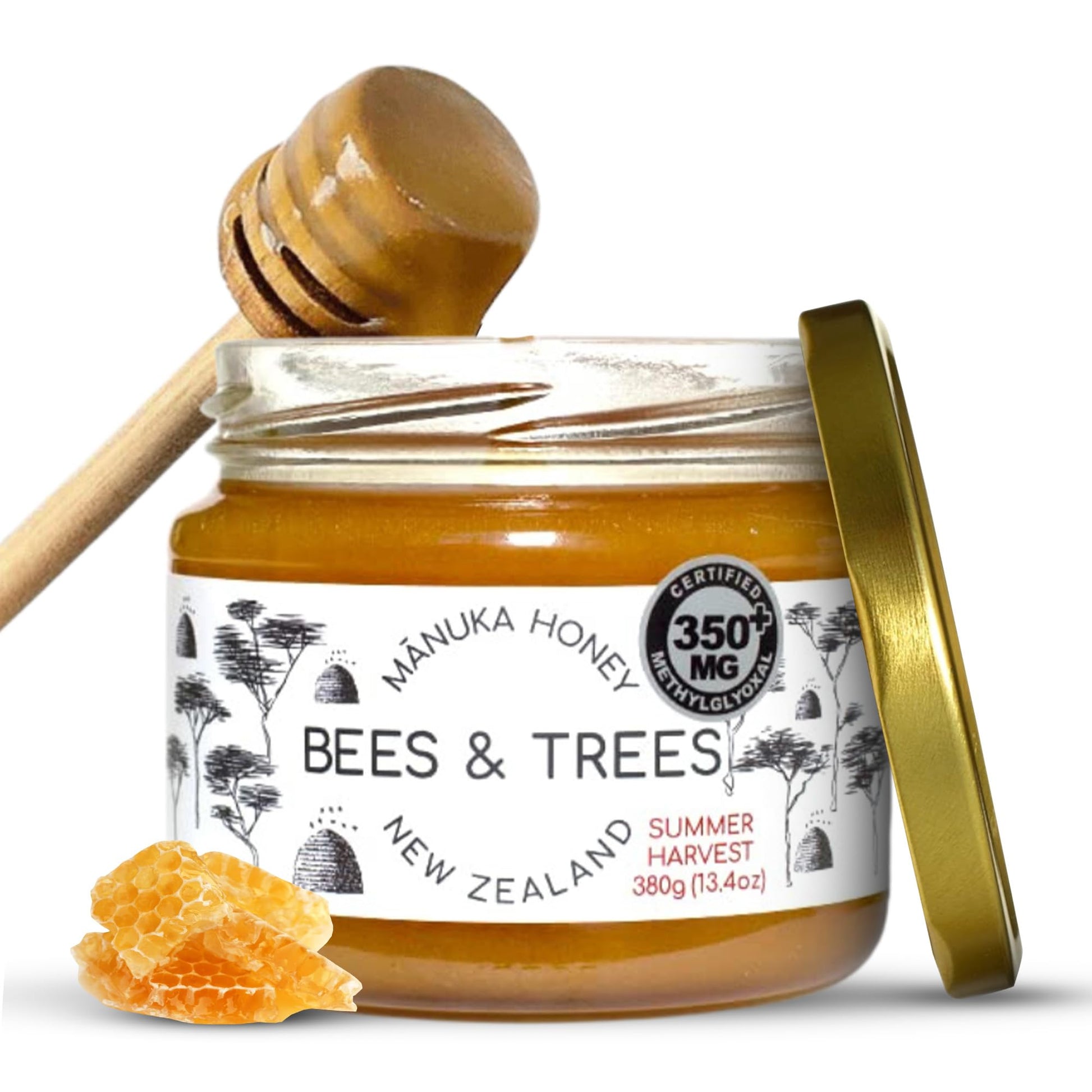 Bees & Trees Manuka Honey 350+ MGO – Pure New Zealand Raw Monofloral Honey – Unpasteurized & Natural – 380g (13.4oz) Glass Jar – Perfect for Coffee, Tea & Daily Wellness - Medaid International