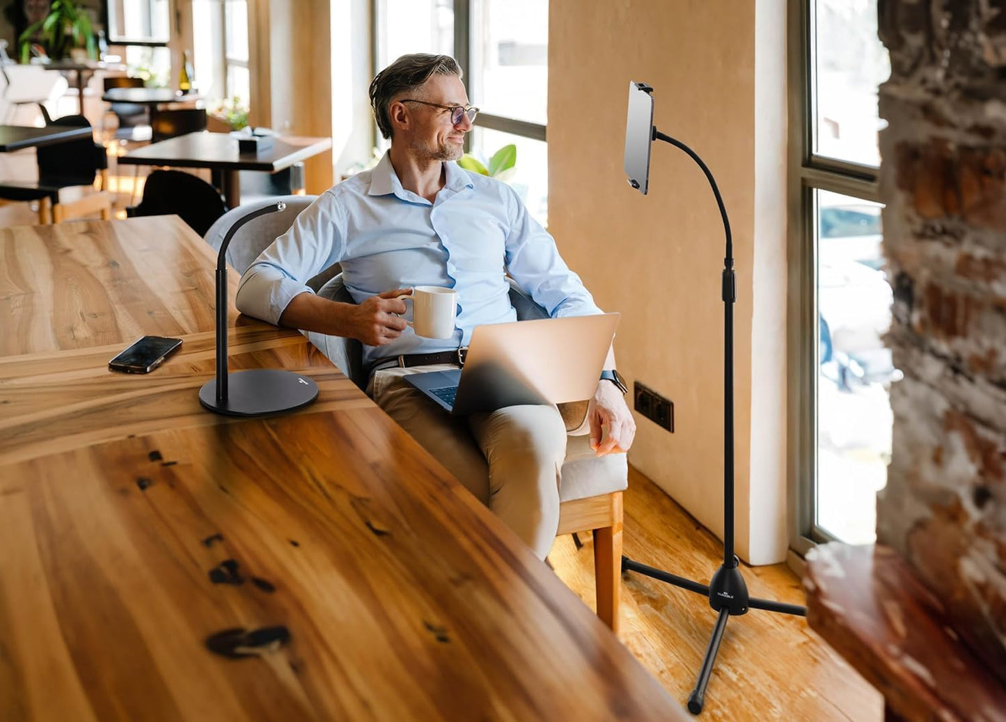 Durable Twist Tablet & Smartphone Table or Floor Stand - Gooseneck 360 Degrees Swivel Mount with Adjustable Height - Compatible with iPhone, Android, iPad, Tablet - Black Tablet & Smartphone Holder - Medaid International