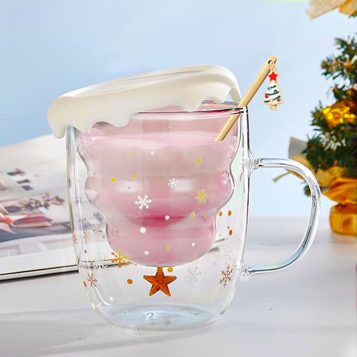 Binoster Cute Mugs Christmas Gifts Coffee Mug Double Walled Glass Mugs Milk Tea Espresso Cup Christmas Tree Decorations Christmas Funny Gifts for Women Men Kids Girls Her Best Friend（Pink） - Medaid International