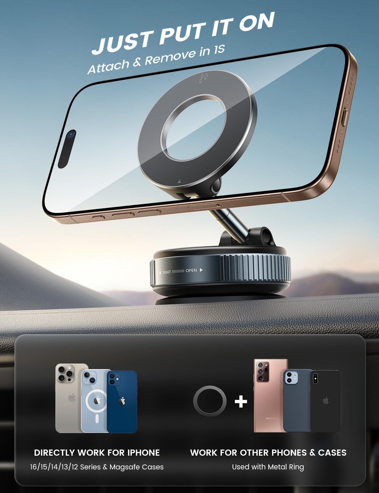 Lamicall Car Phone Holder Mount - [70 LBS Strongest Suction] for Magsafe Car Mount, 360° Adjustable Suction Cup Phone Mount Dashboard Windshield Vacuum Magnetic Phone Holder fit iPhone 17 16 Pro Max - Medaid International