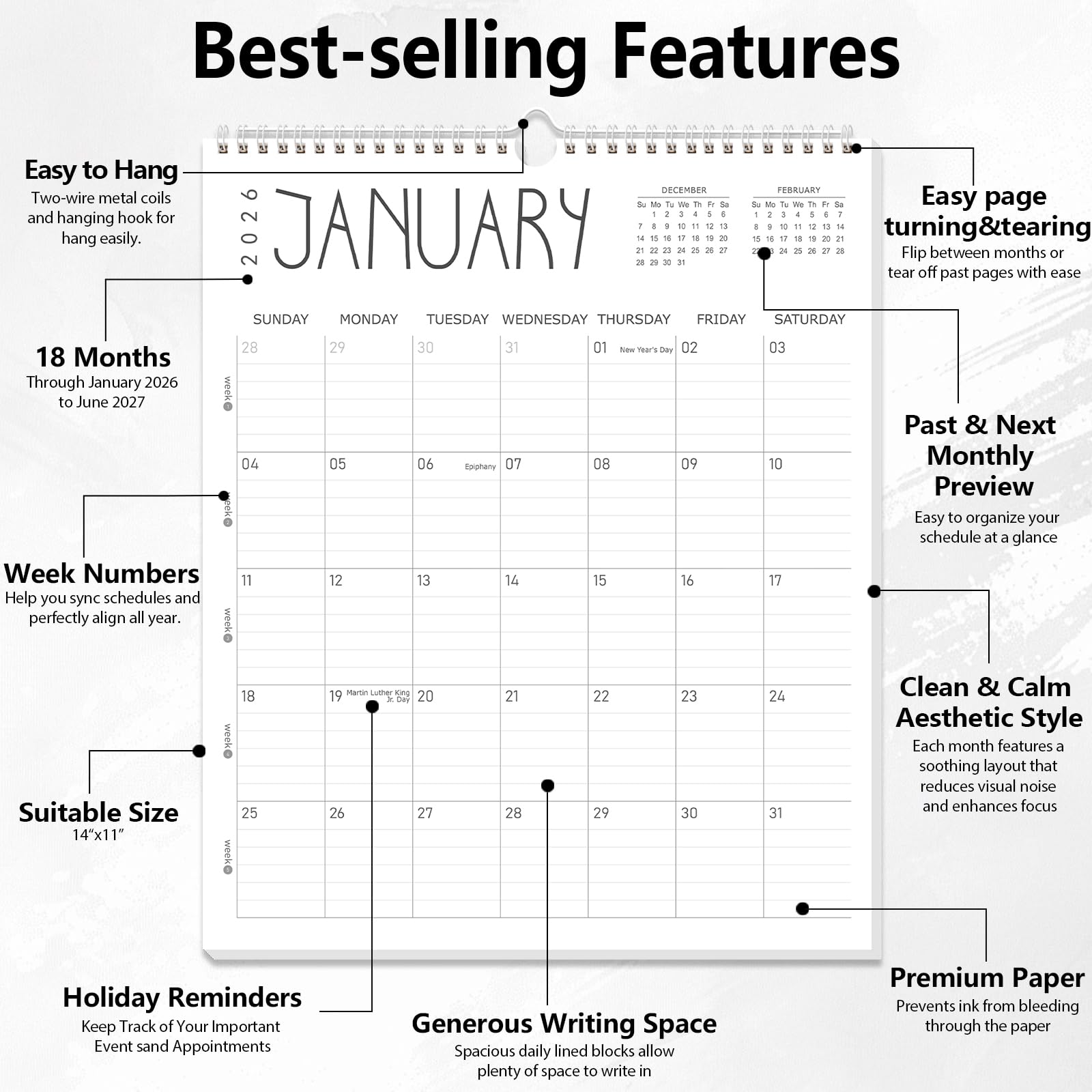Guasslee Wall Calendar 2026-2027, 14"x11.5" Vertical Wall Calendar 2026, 18-Month Desk Planner From 2026 Jan - 2027 Jun, Monthly Hanging Planner Spiral Bound For School Home Office Organizing - Medaid International