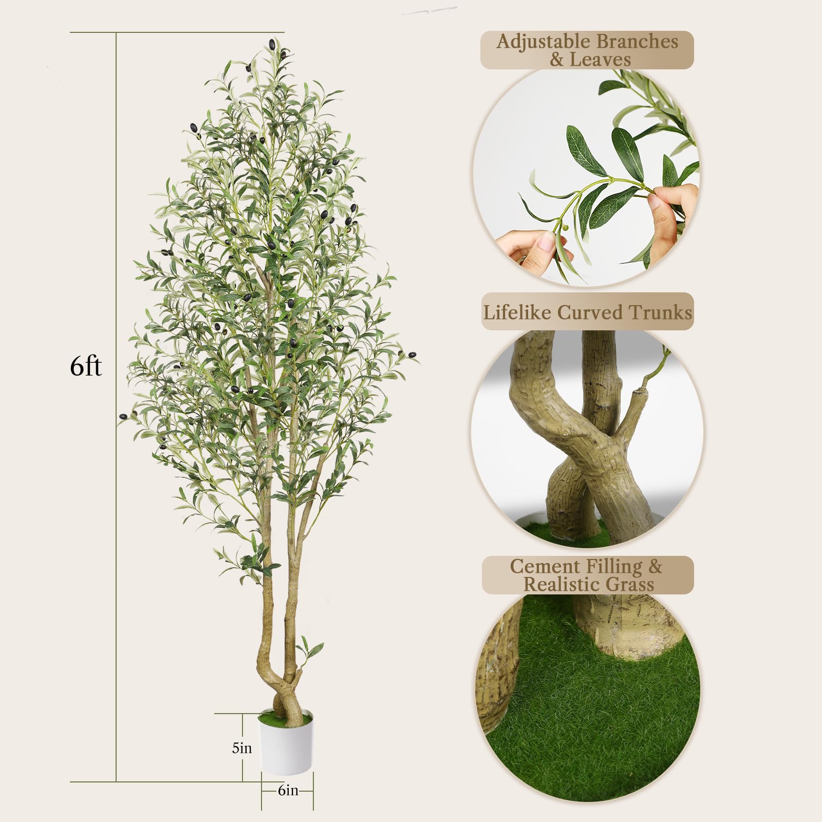 Alupssuc 6FT Artificial Olive Tree Big tall Fake Plants, 6 Feet Artificial Olive Silk Plants Indoors with Curved Trunk in Pots, Fake Tree for Home Office Living Room Indoor Outdoor Decor, 180cm - Medaid International