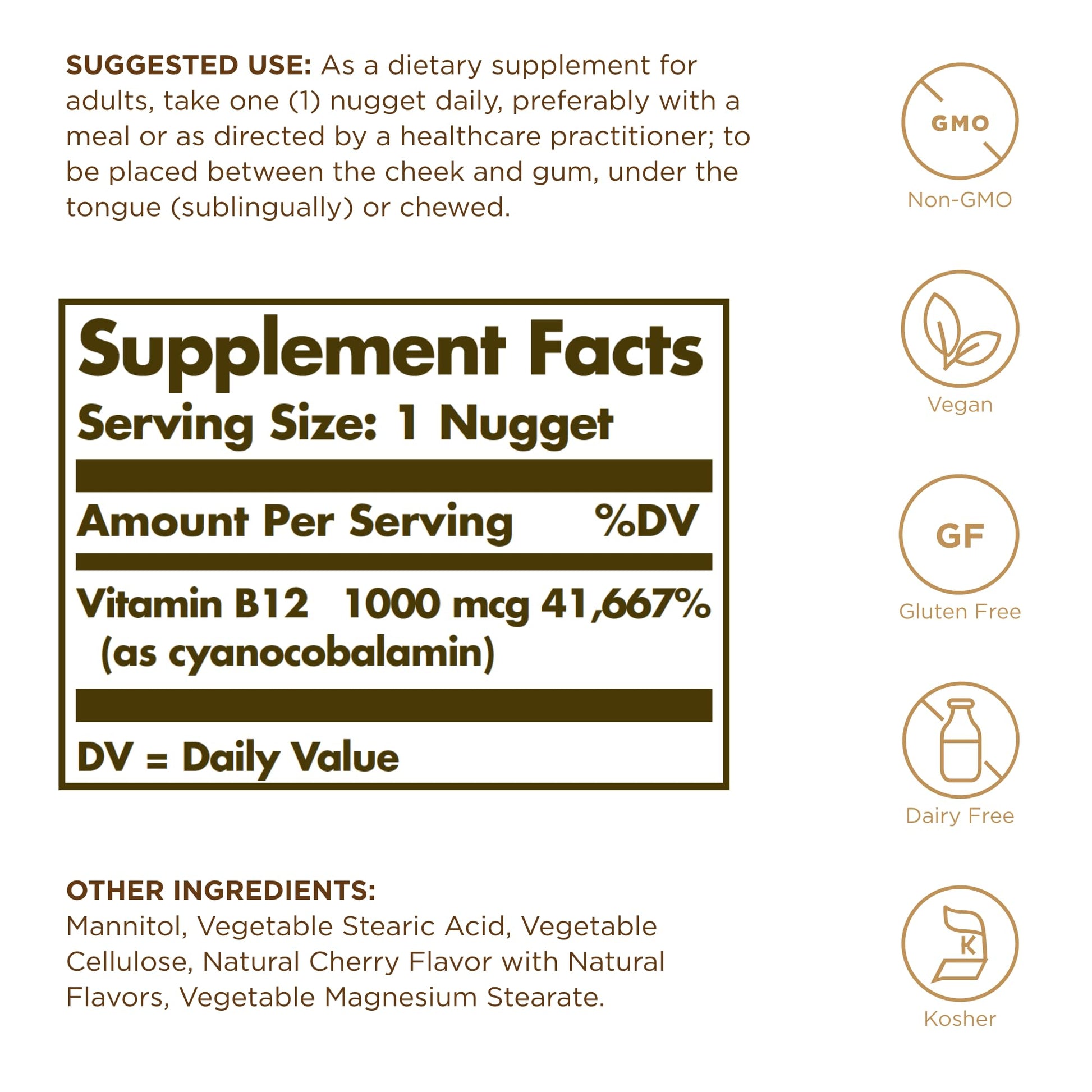 Solgar Sublingual Vitamin B12 1000 mcg - 100 Nuggets - Non-GMO, Vegan, Gluten Free, Dairy Free, Kosher, Halal - 100 Servings - Medaid International