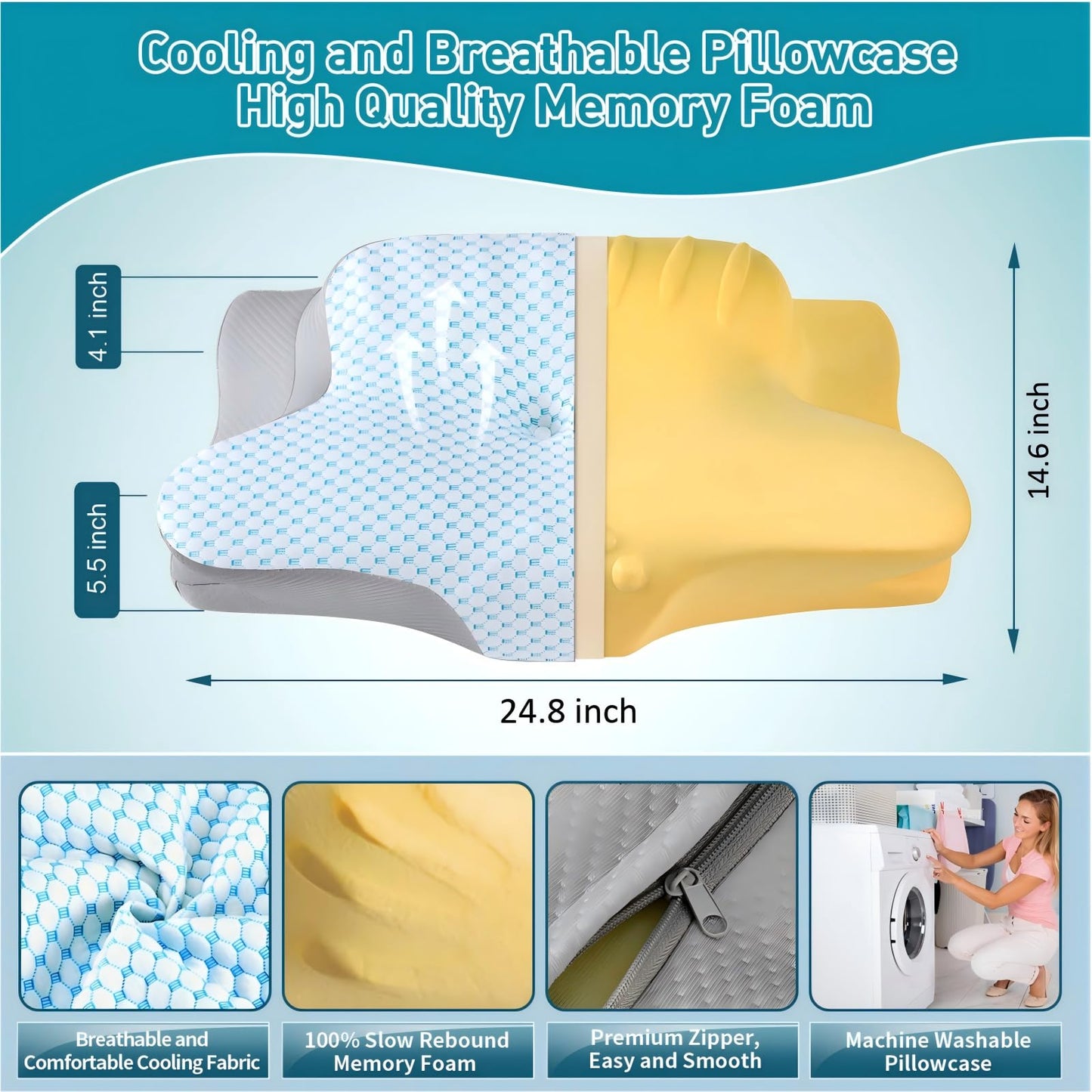 Cervical Pillow for Neck Pain Relief - Ergonomic Pillow for Sleeping Side Sleeper Pillow for Adults, Contour Neck Pillow Cooling Memory Foam Pillows, Orthopedic Bed Pillow for Back Stomach Sleepers - Medaid International